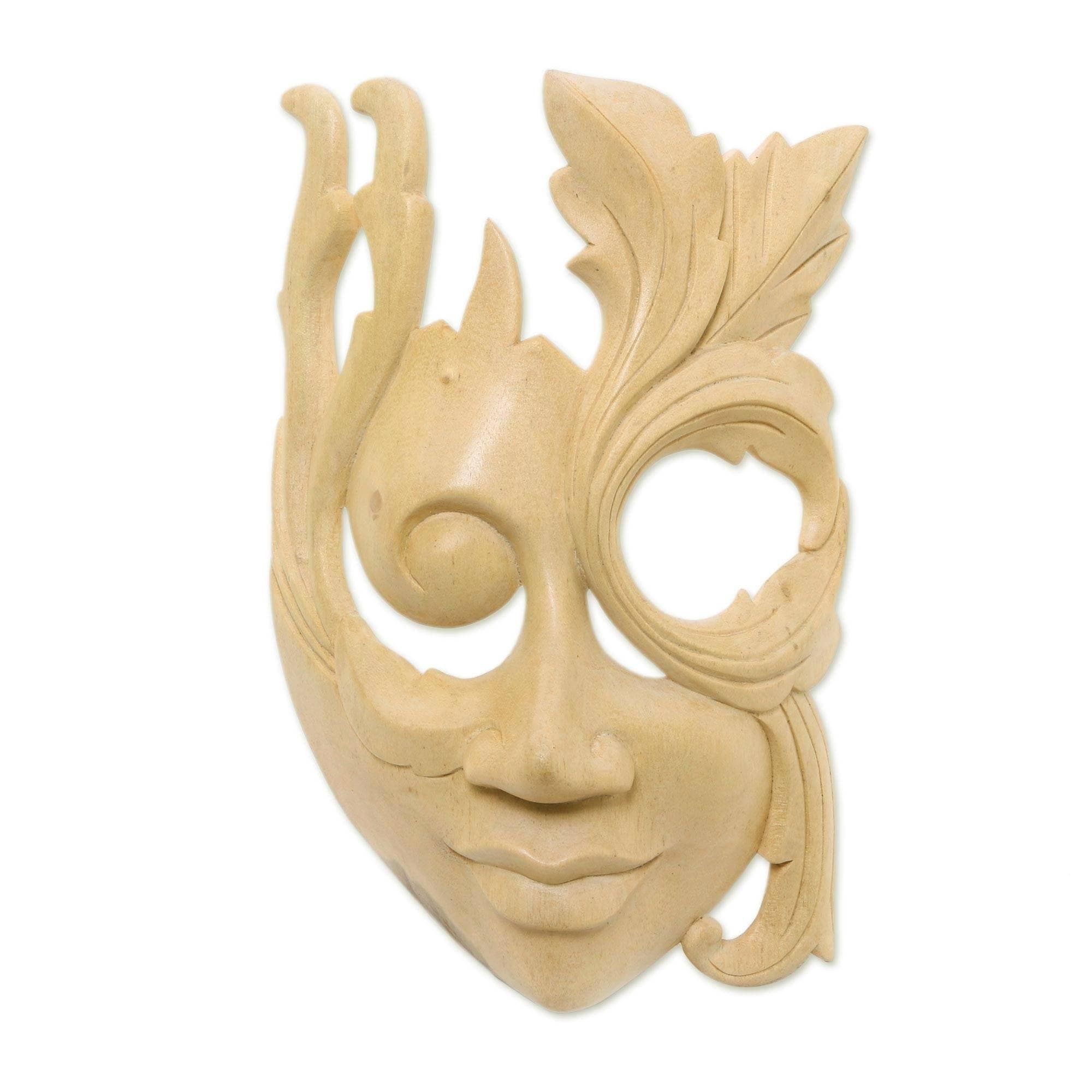 Hibiscus Wood Blossoming Woman Mask Handmade In Indonesia