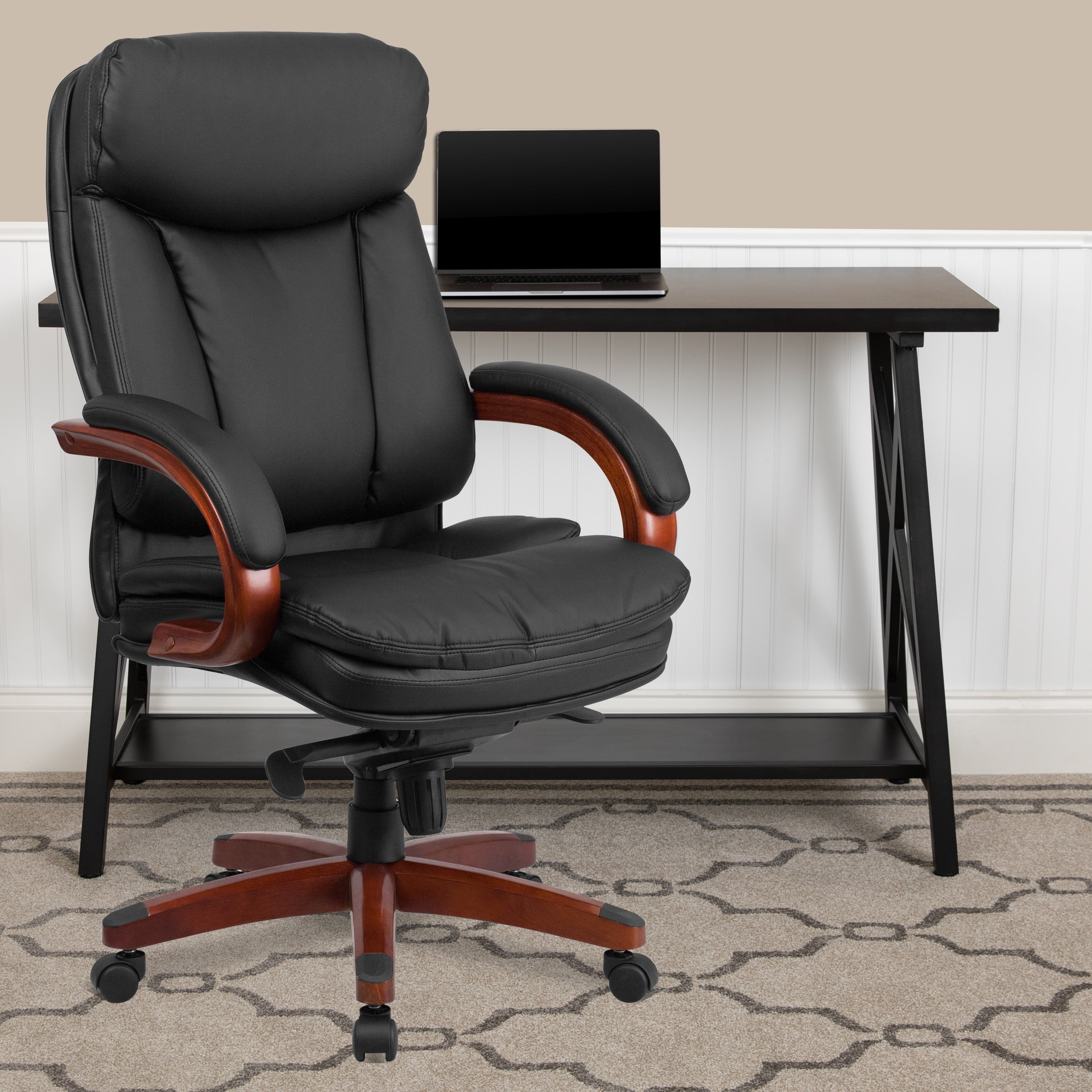 High Back Bonded Leather Executive Swivel Chair With Synchro Tilt Mechanism Mahogany Wood Base And Arms