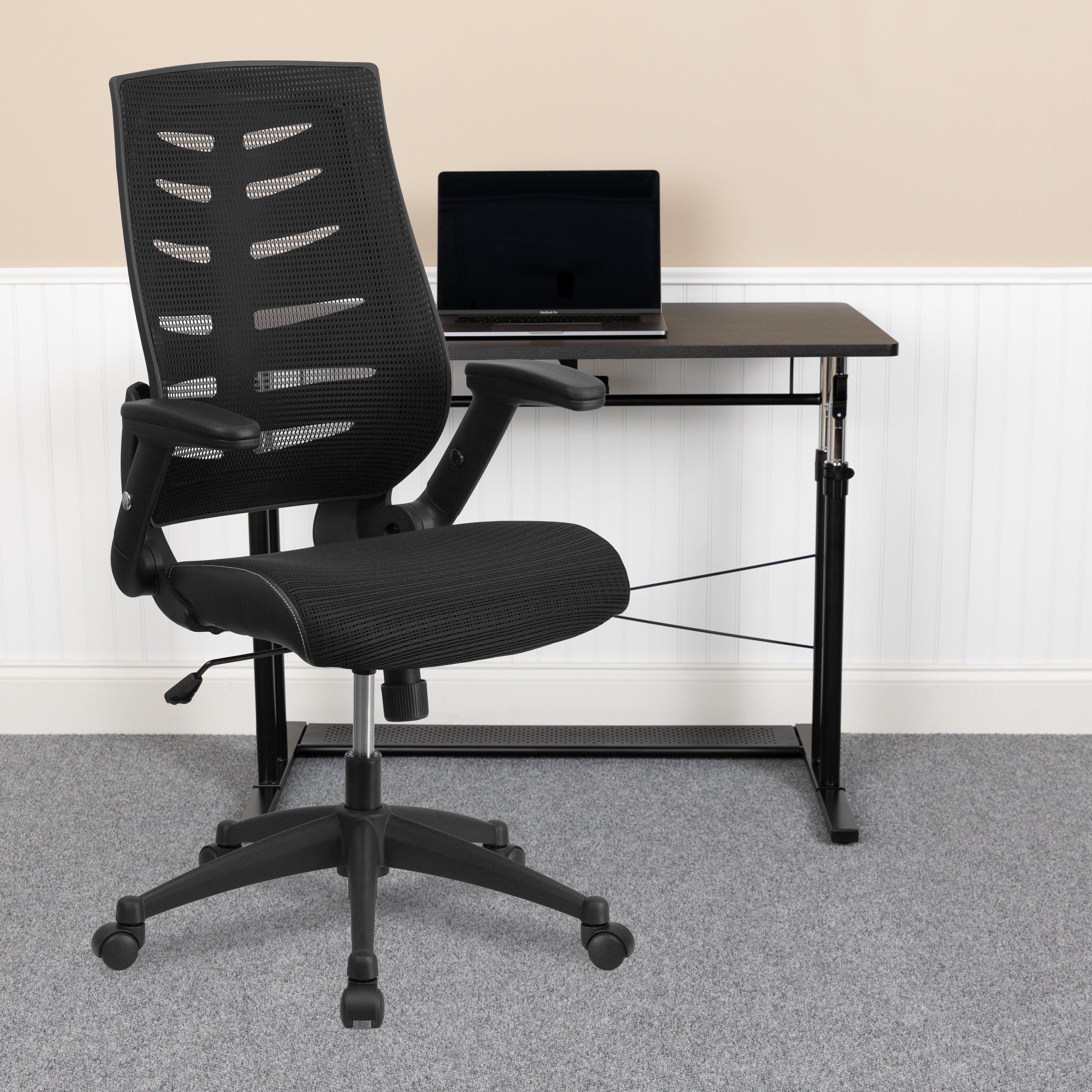 High Back Black Mesh Chair With Designer Fabric Seat And Nylon Base