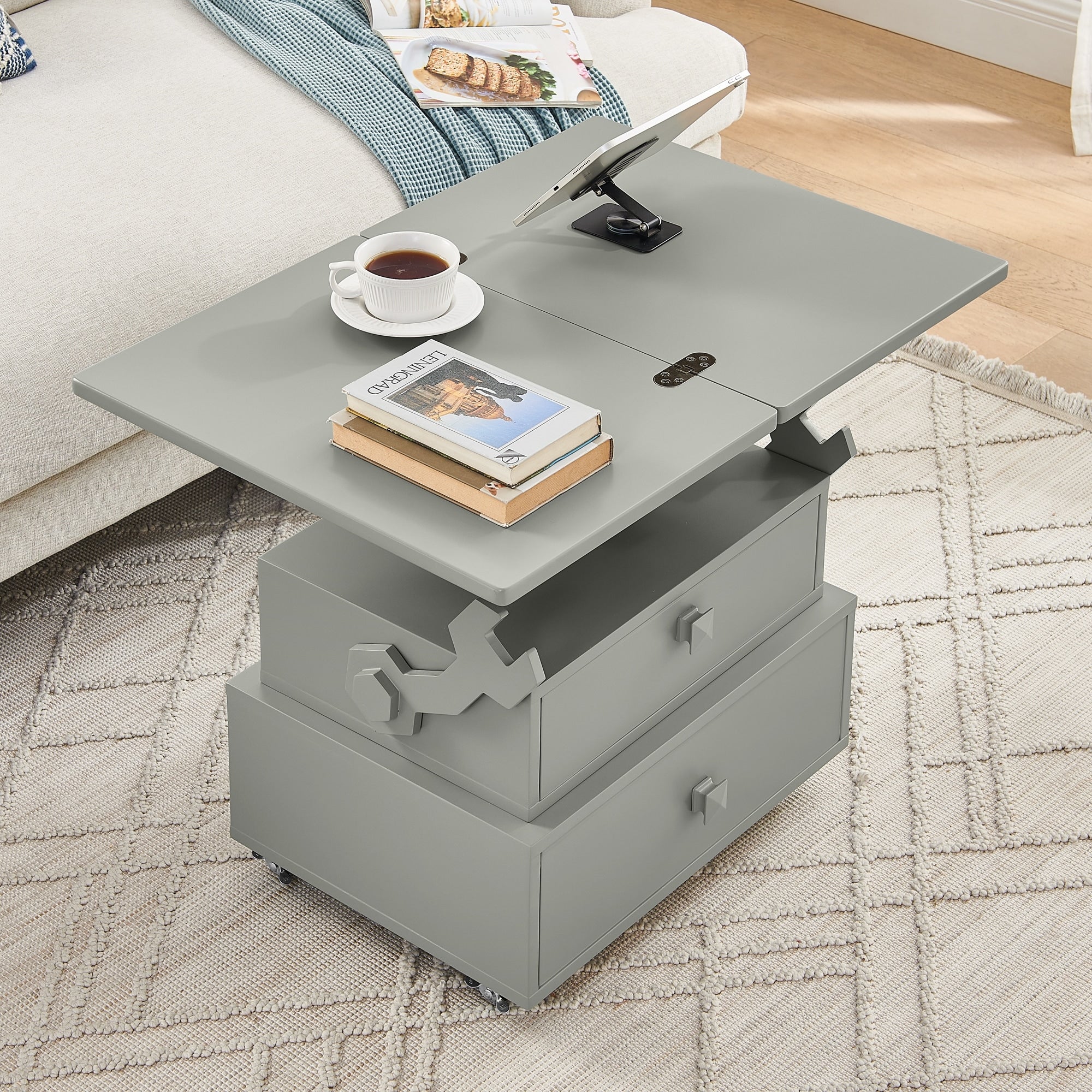 High Gloss Lacquered Adjustable Height Rolling End Table With Charging Station Universal Wheels With Brakes Lift Top Table