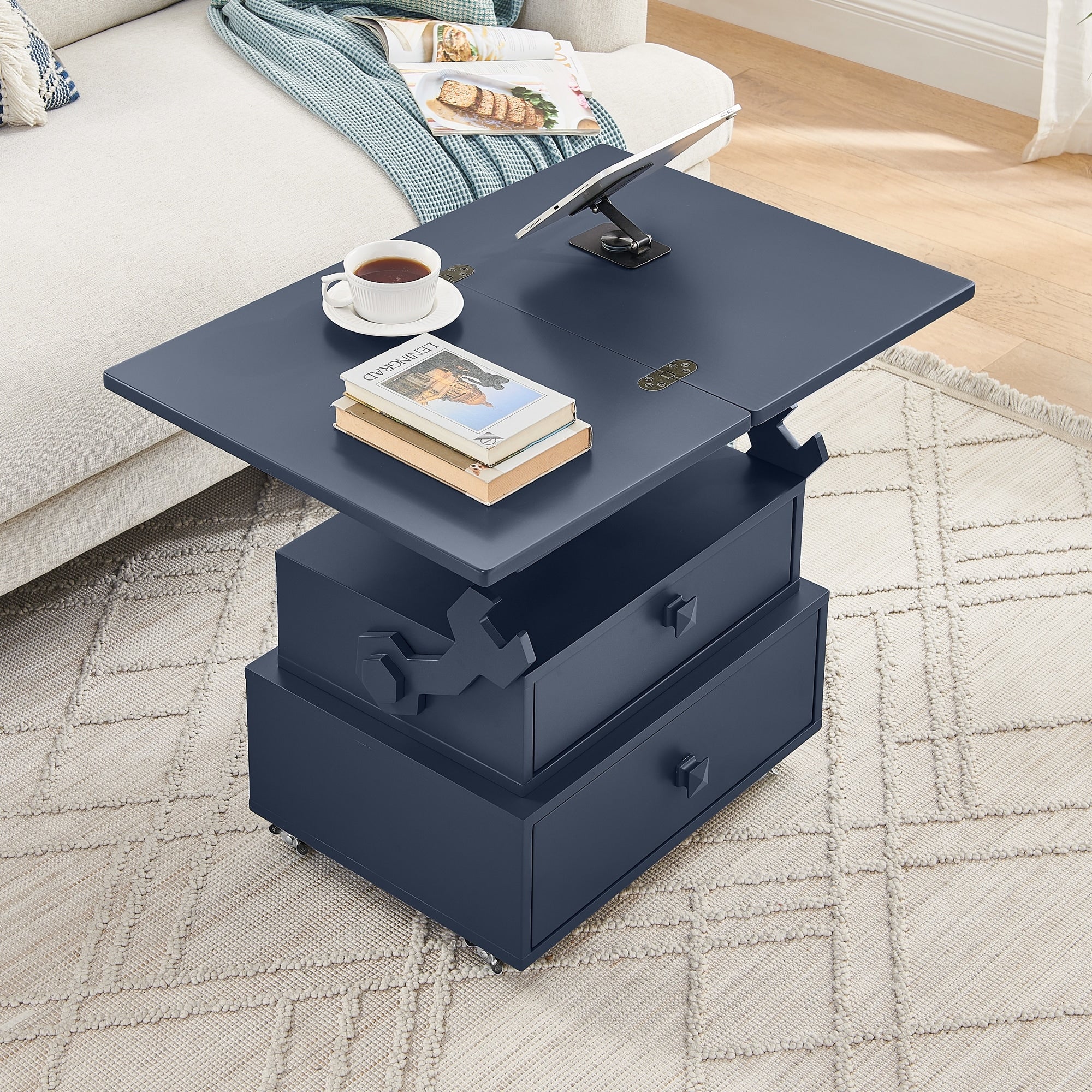 High Gloss Lacquered Adjustable Height Rolling End Table With Charging Station Universal Wheels With Brakes Lift Top Table