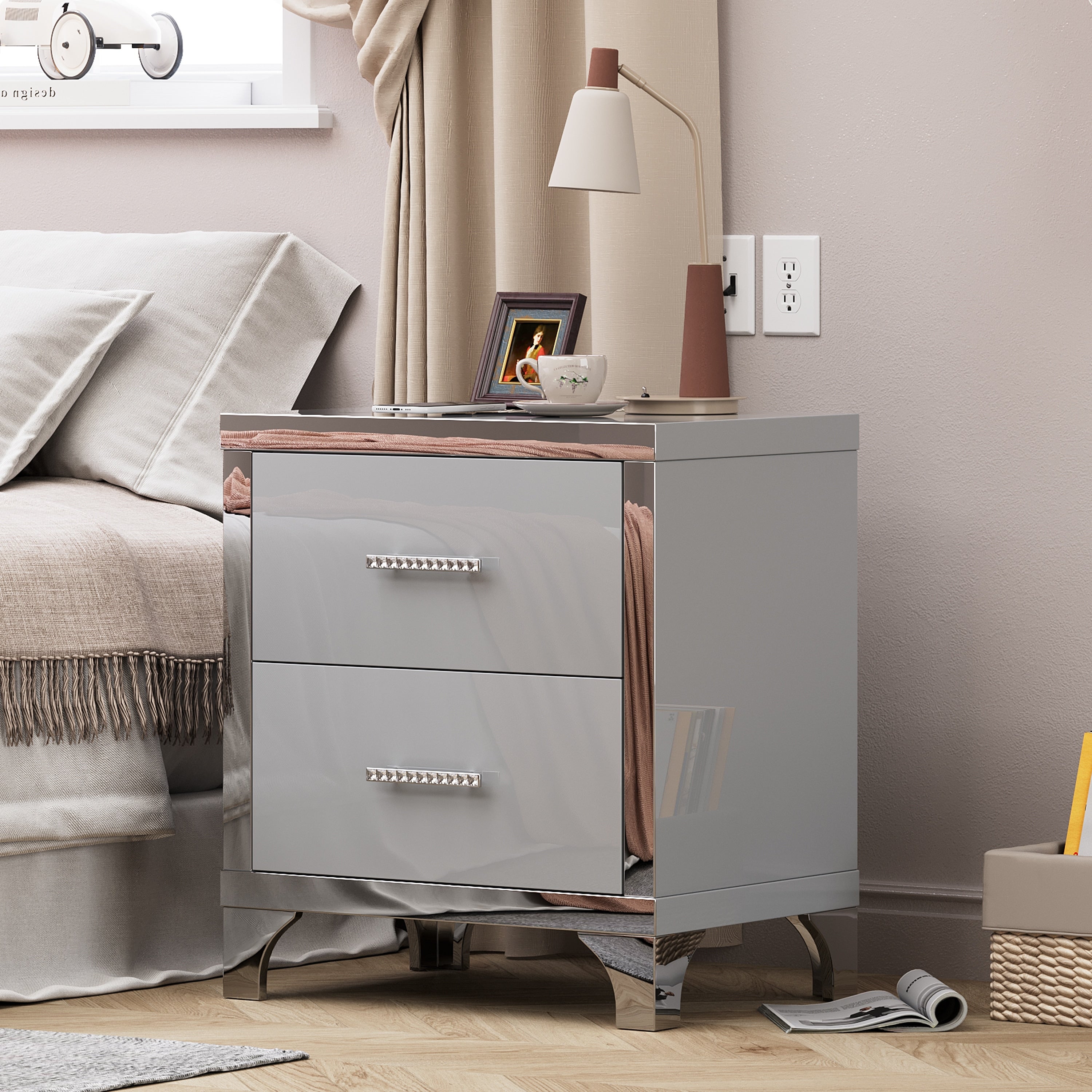 High Gloss Mirrored Nightstand With 2 Drawers Modern End Table With Drawers Mirrored High Gloss Wood Nightstand Metal Handle
