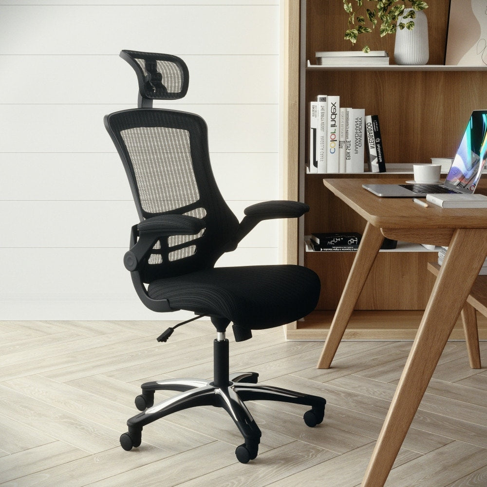 High Back Mesh Executive Swivel Office Chair With Flip Up Arms And Chrome Nylon Designer Base