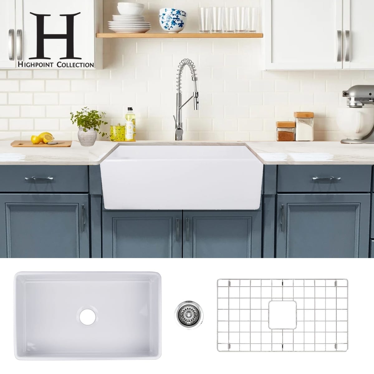 Highpoint Collection 30 Inch Fireclay Farmsink With Grid And Drain