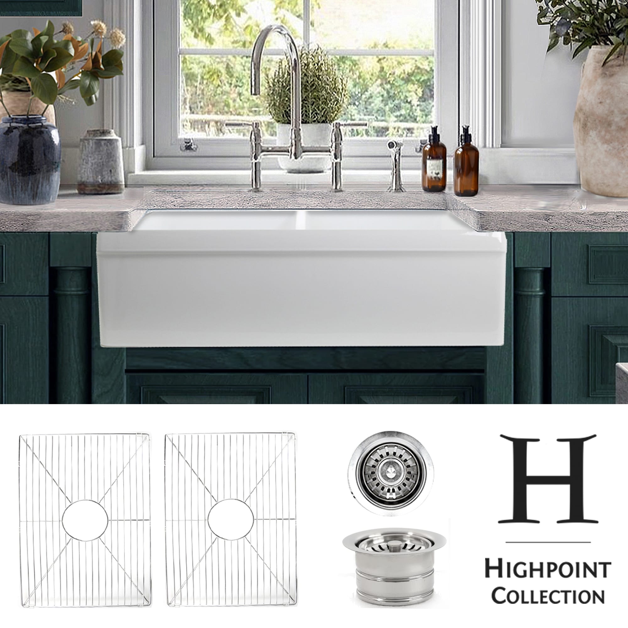 Highpoint Collection 50 50 Farmhouse Sink With Grids And Drains 33 X 20 X 9.75