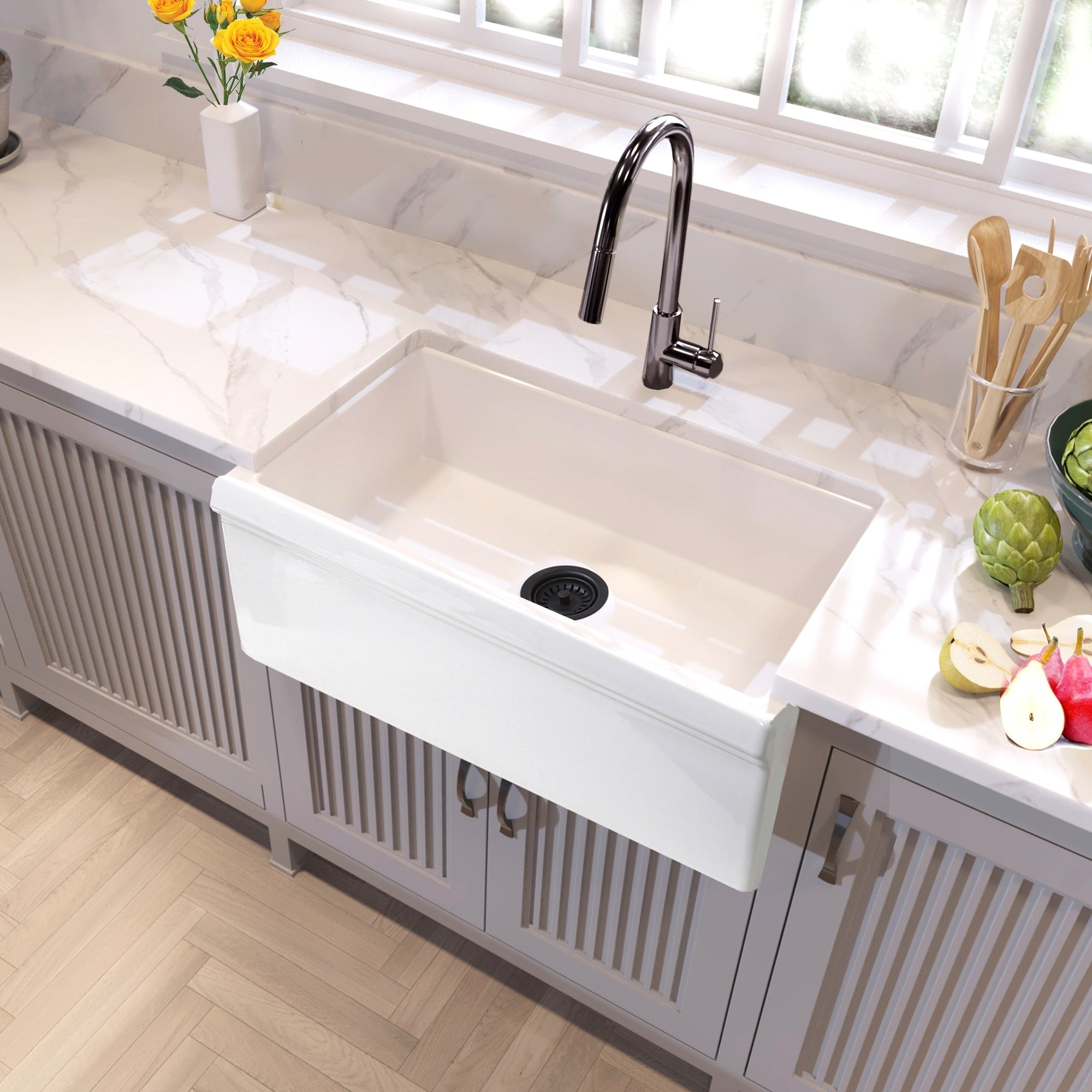 Highpoint Collection Decorative Farmhouse Fireclay Sink And Oil Rubbed Bronze Disposal Drain