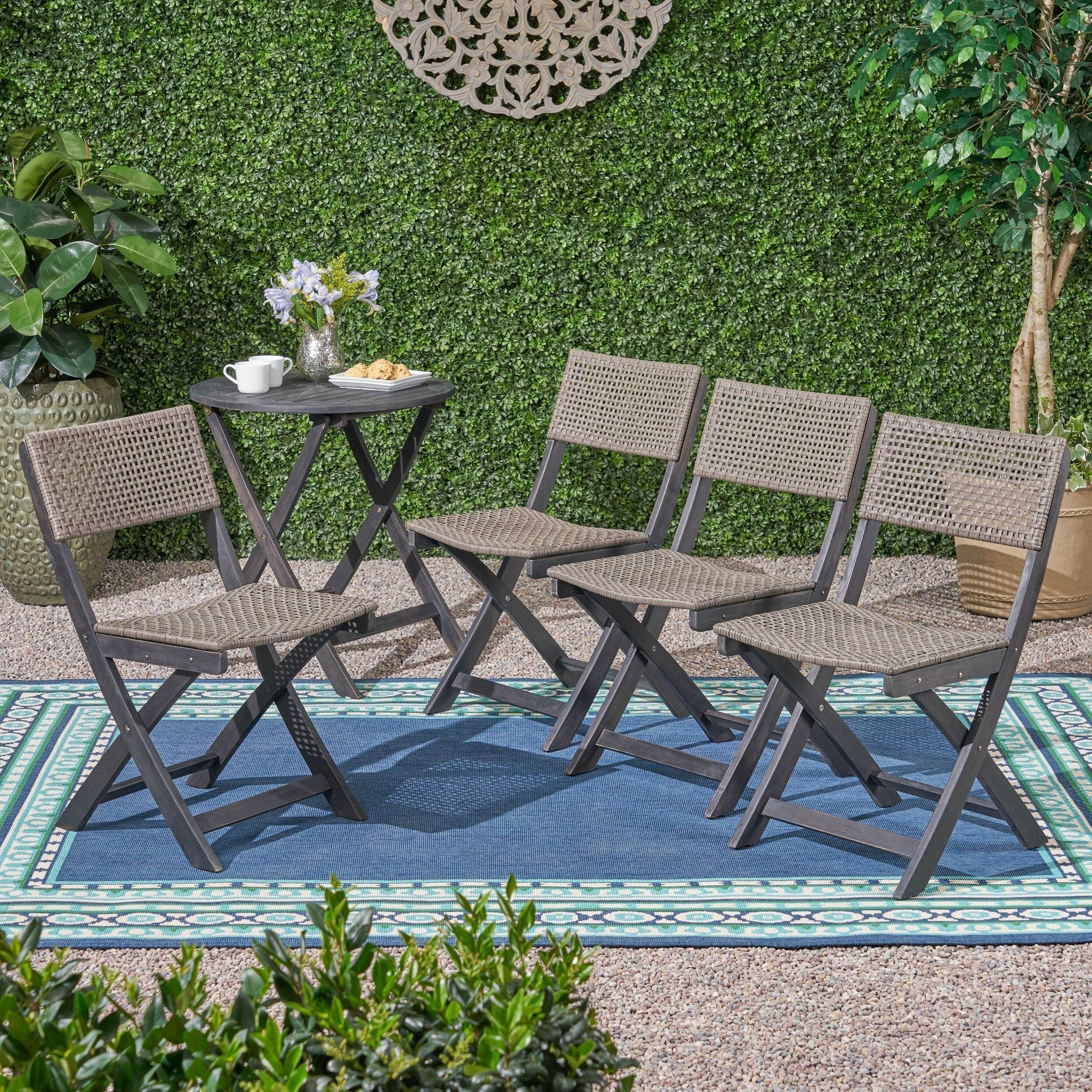 Christopher Knight Home 4 Piece Hillside Outdoor Acacia Wood Foldable Bistro Chair Set With Wicker Seating