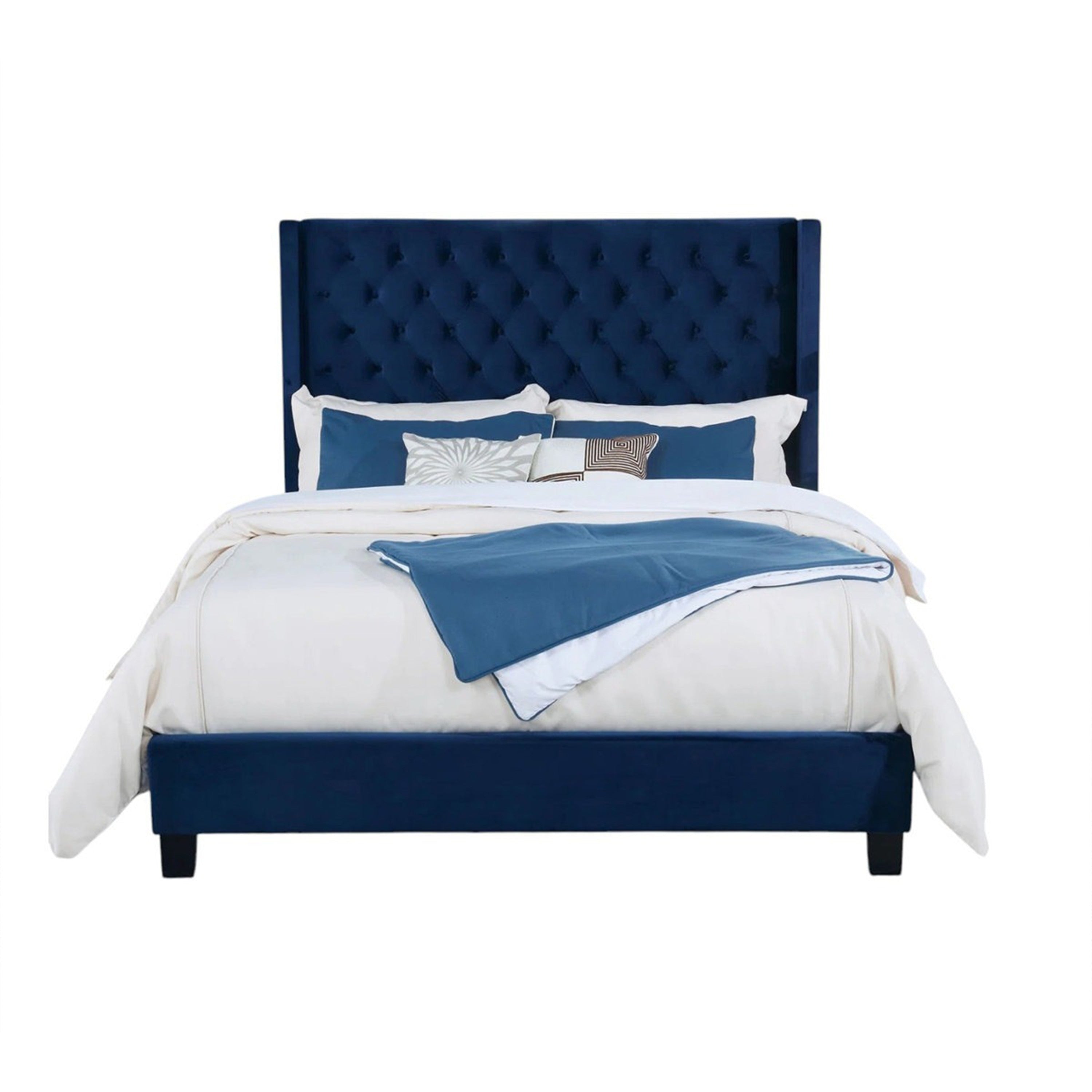 Hiu King Size Bed Wingback Headboard Navy Blue Velvet Like Upholstery