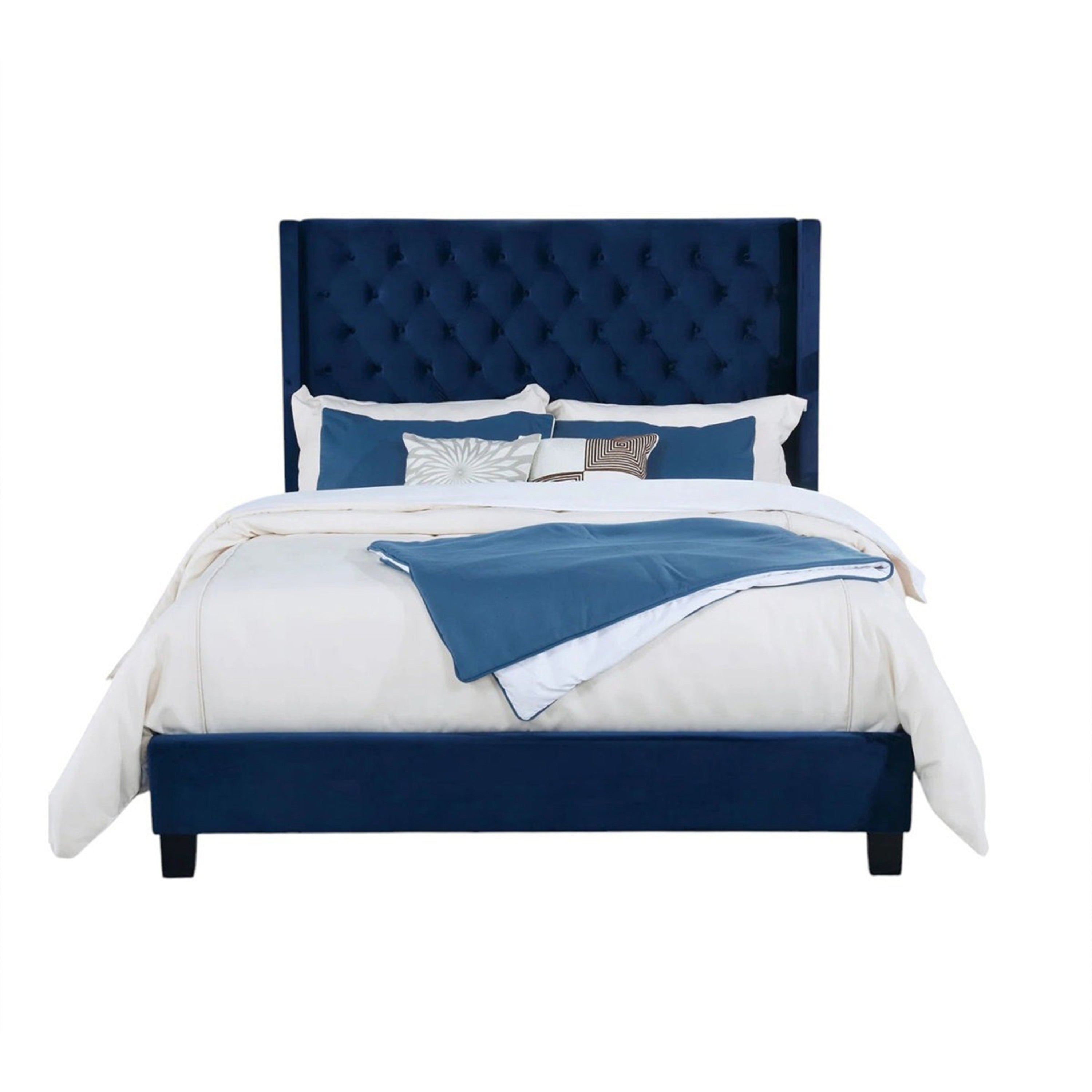 Hiu Queen Size Bed Wingback Headboard Navy Blue Velvet Like Upholstery