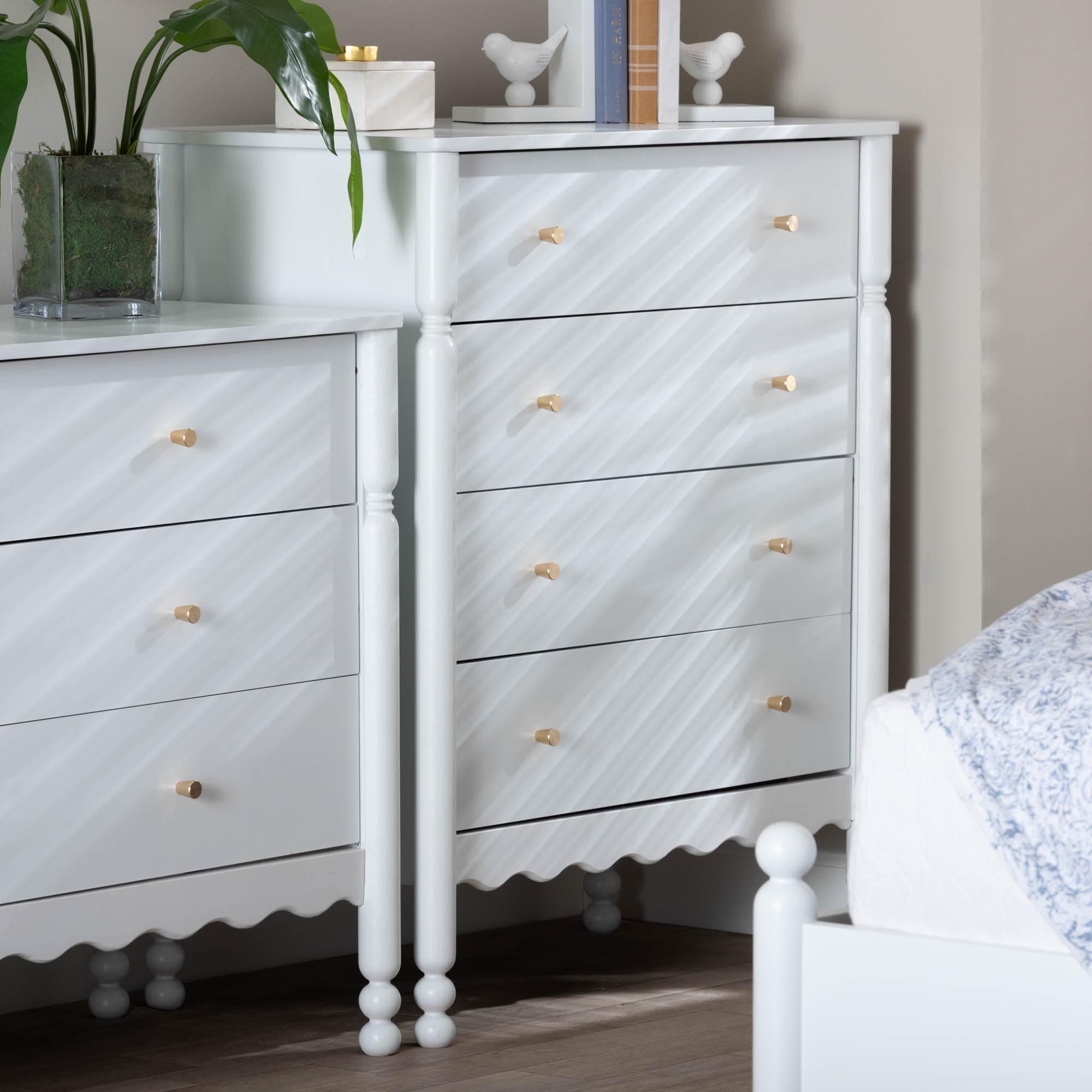 Hoffman Chest 4 Drawer Vertical Storage Cabinet With Scalloped Apron And Turned Legs For Bedroom