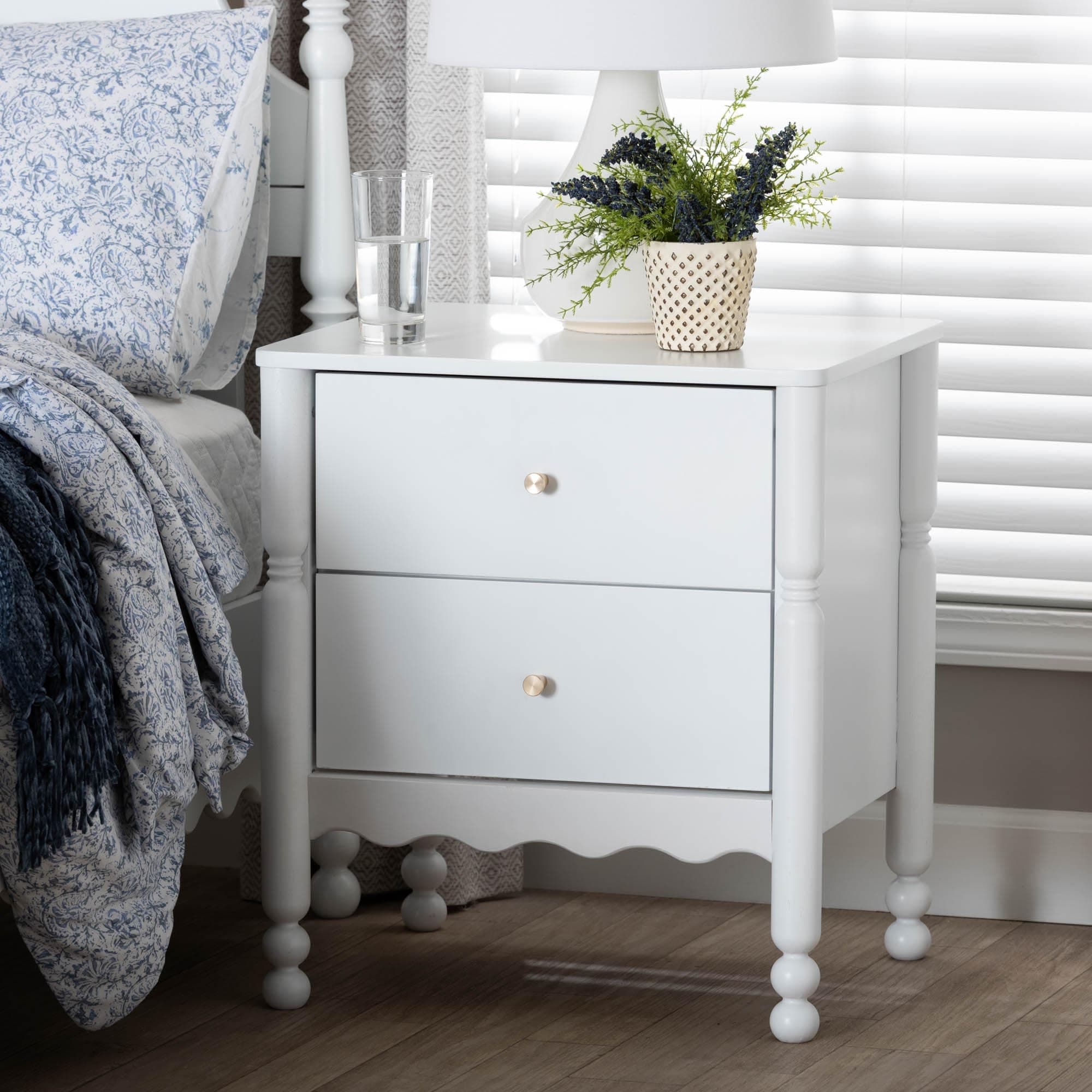 Hoffman Nightstand 2 Drawer Bedside Table With Scalloped Apron And Turned Legs For Bedroom