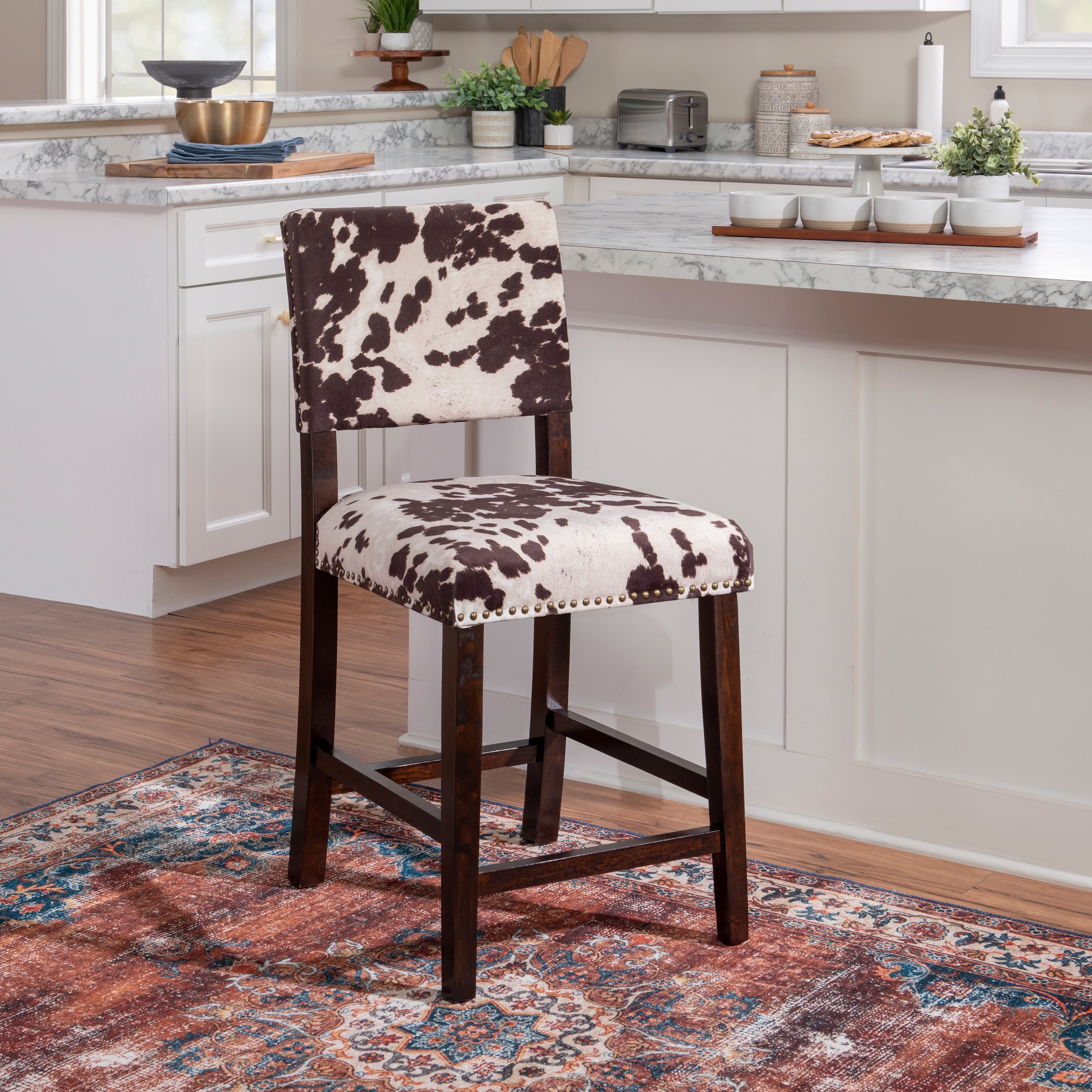 Linon Holcombe Stationary Counter Stool Plush Cow Print Seat Back