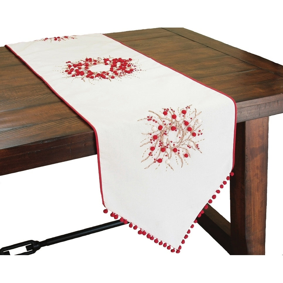 Holiday Berry Wreath Ribbon And Pom Pom Embroidered Double Layer Table Runner 16 By 54 Inch