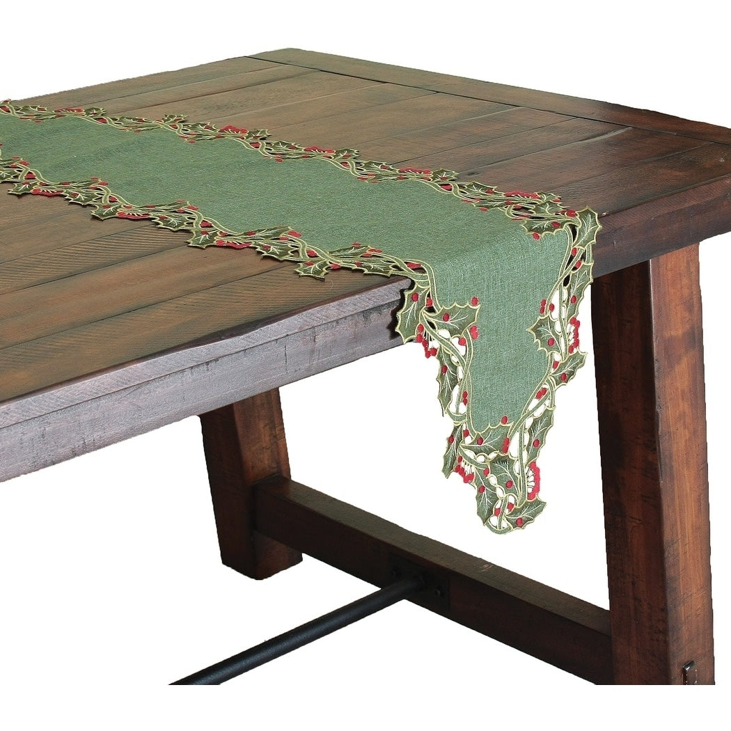 Holiday Holly Embroidered Cutwork Table Runner 15 By 54 Inch Green