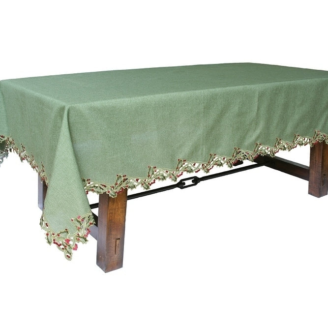 Holiday Holly Embroidered Cutwork Tablecloth 60 By 84 Inch Green