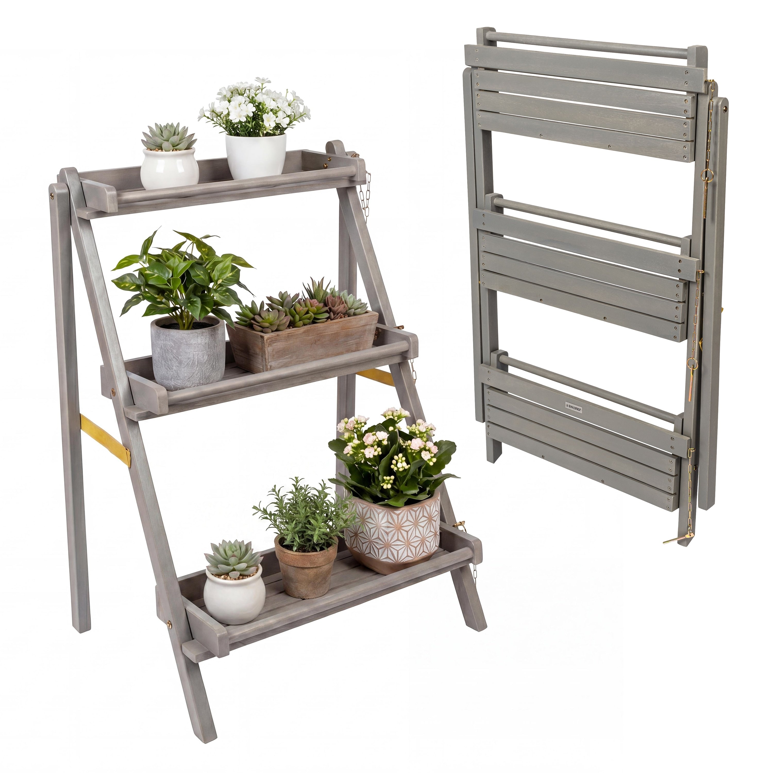 Hollis 3 Tier Acacia Wood Indoor Outdoor Foldable Compact Freestanding Ladder Plant Stand Display Rack Shelf