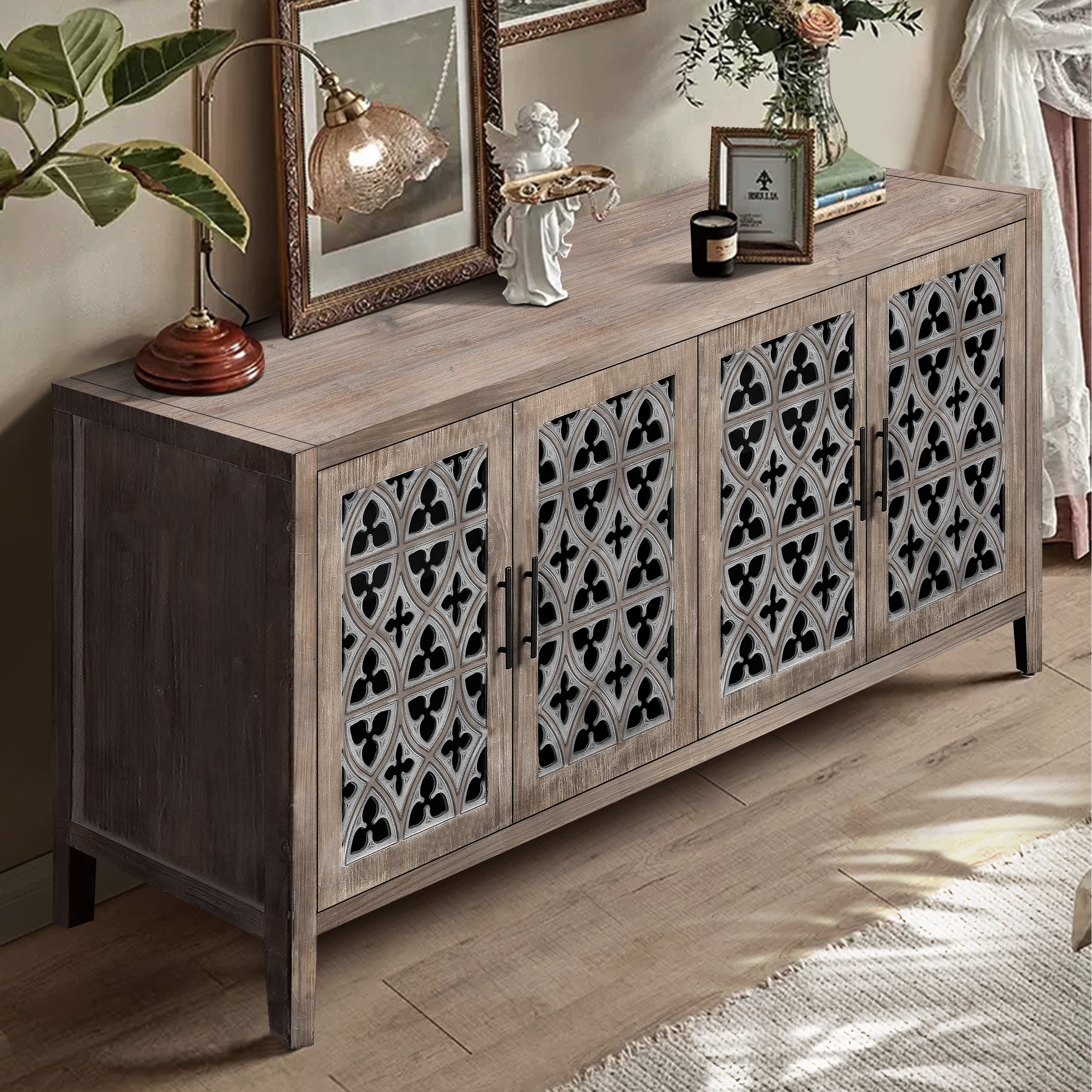 Hollowed Out Floral 4 Doors Antique Cabinet Freestanding Wooden Storage Cabinet Accent Cabinet With Adjustable Shelf
