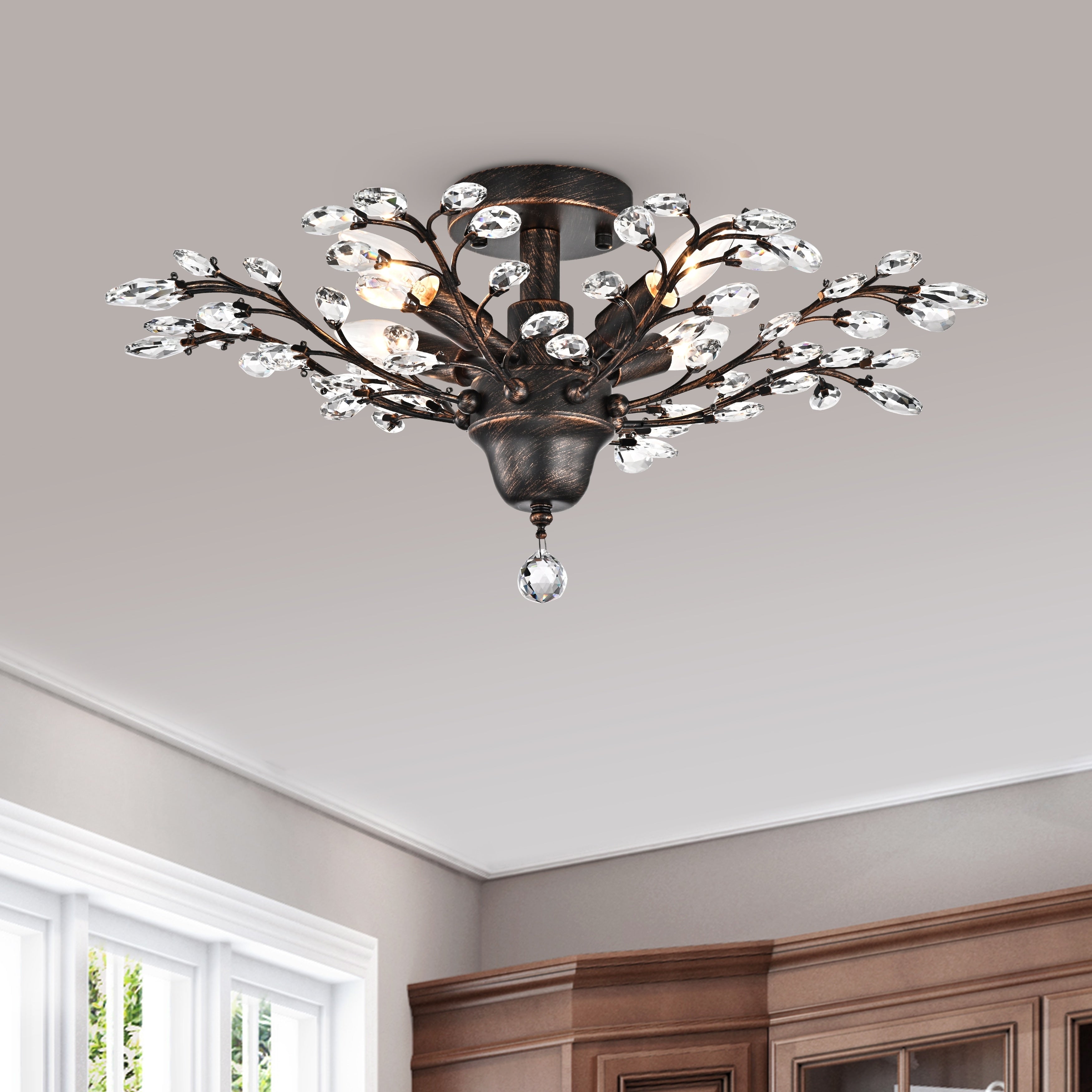 Holly 4 Light Antique Copper Crystal Leaves Flush Mount