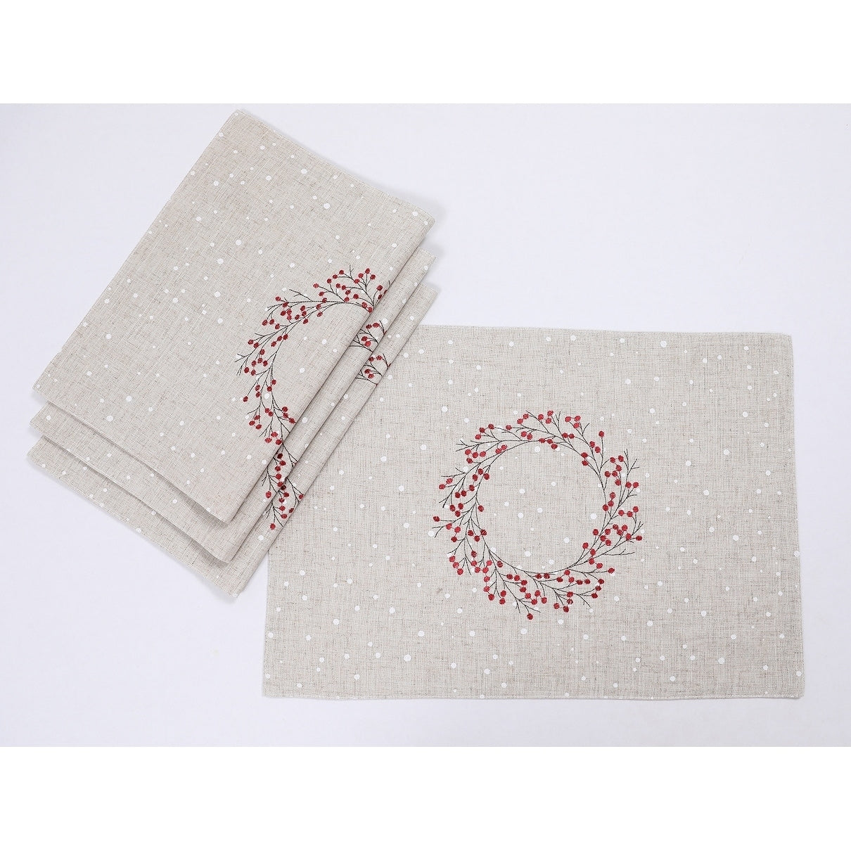 Holly Berry Wreath Embroidered Christmas Placemats 14 By 20 Inch Linen Blend Set Of 4