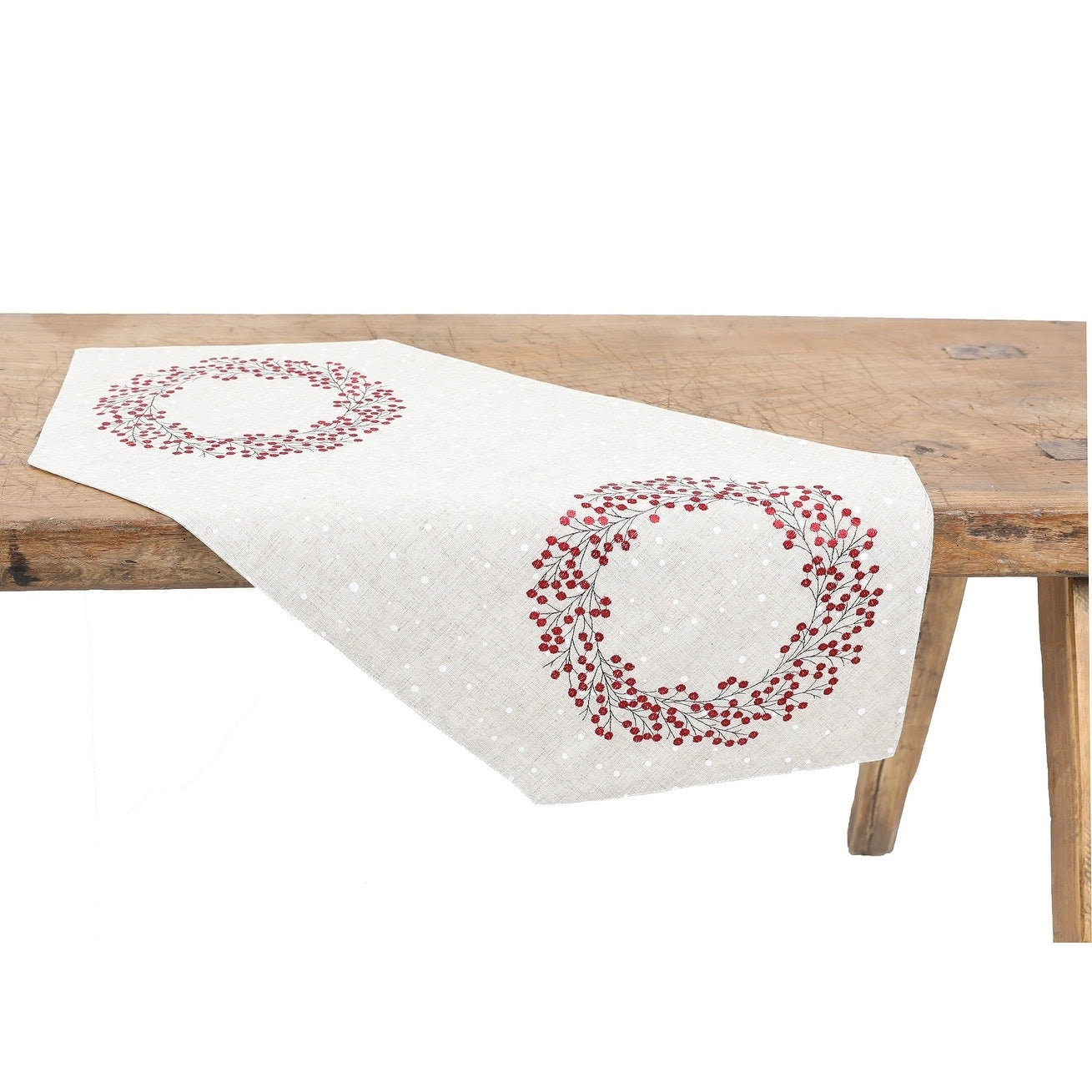 Holly Berry Wreath Embroidered Christmas Table Runner 16 By 36 Inch Linen Blend