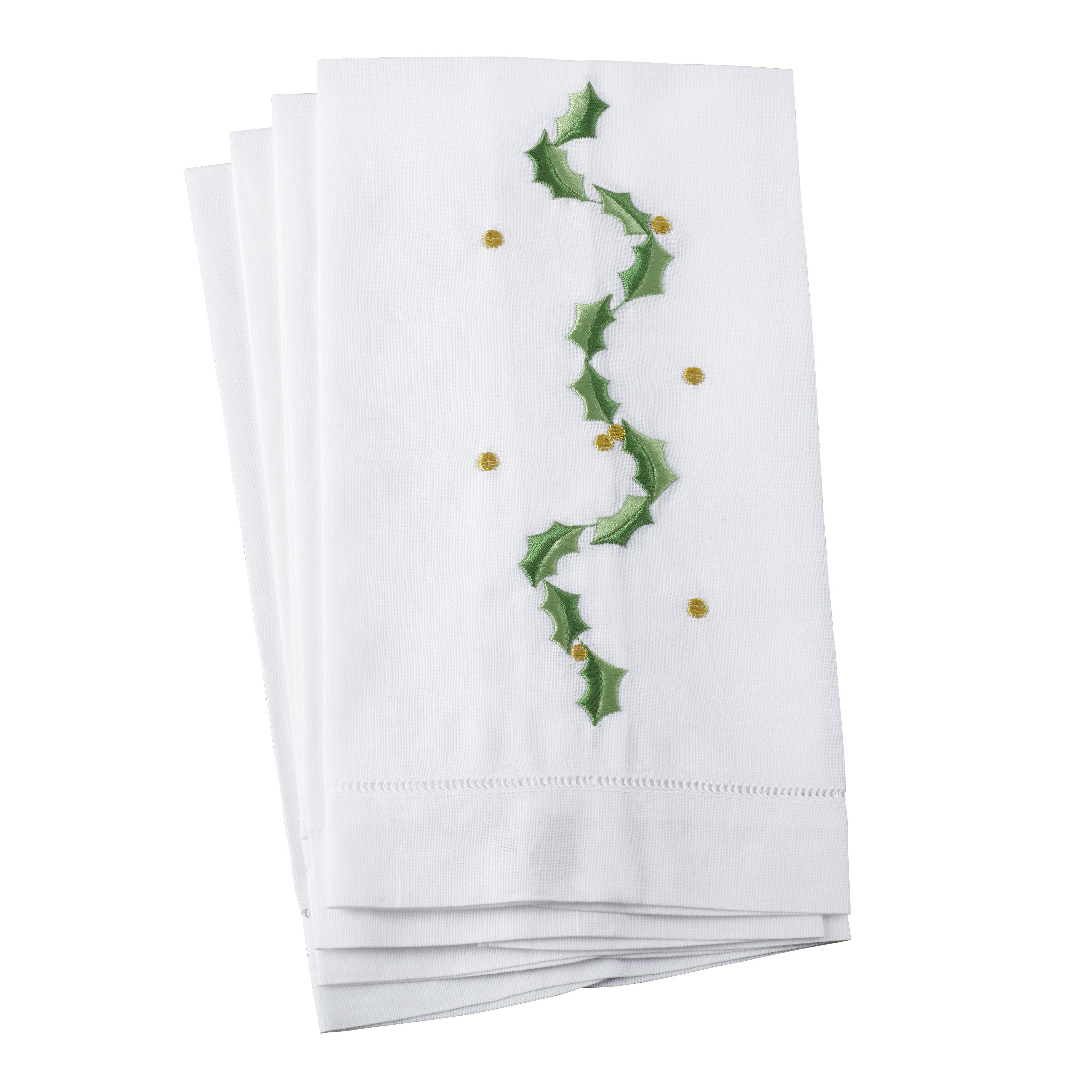 Holly Leaf Garland Embroidery Christmas Hemstitched Linen Cotton Guest Towel Set Of 4