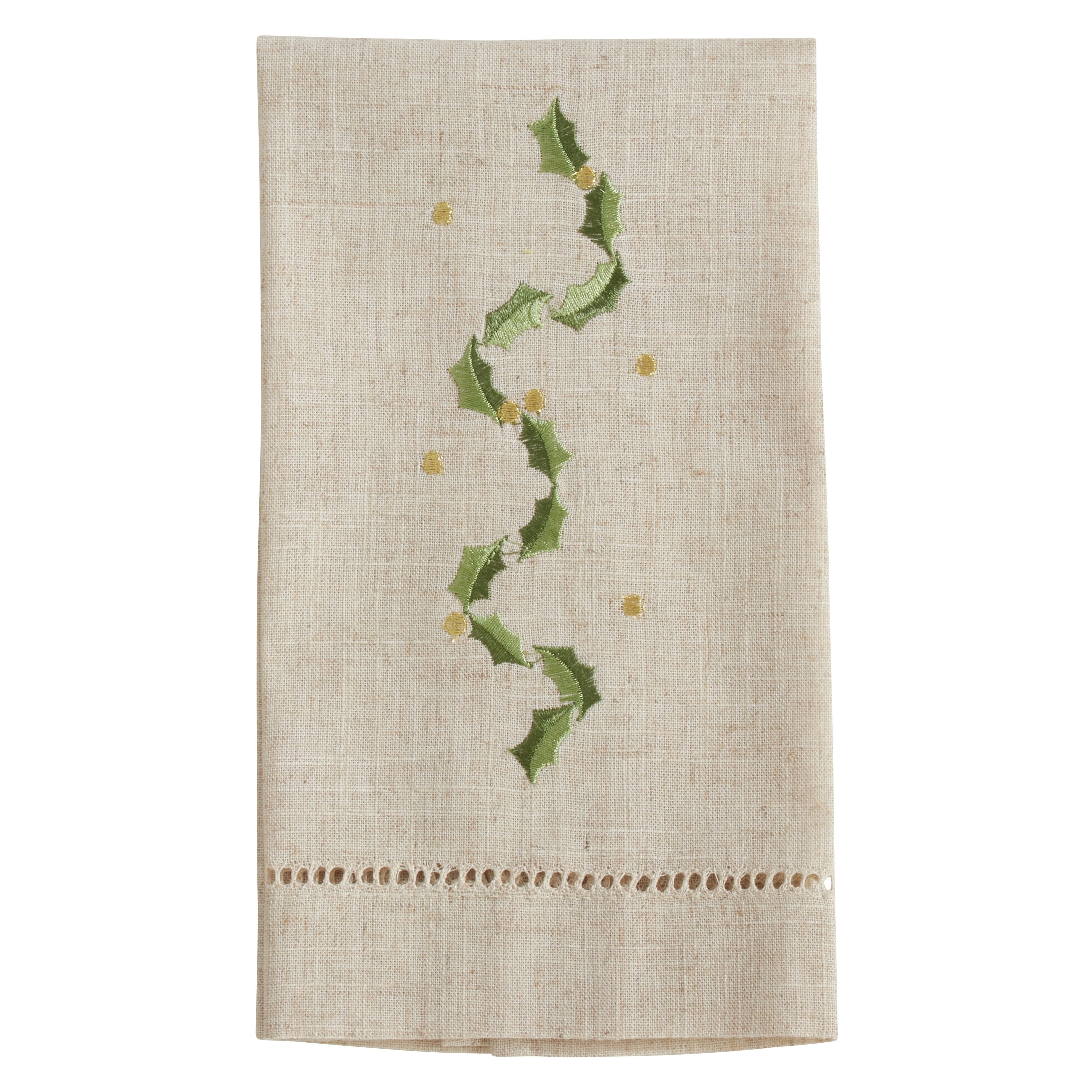 Holly Leaves Embroidered And Hemstitched Guest Towels Set Of 4
