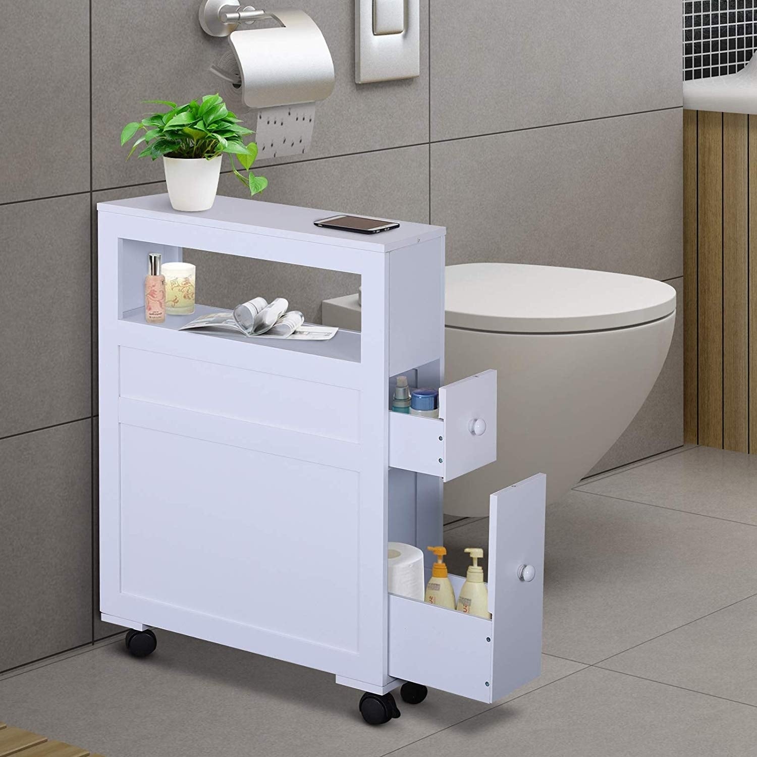 Homcom Wood Rolling Bathroom Storage Cabinet