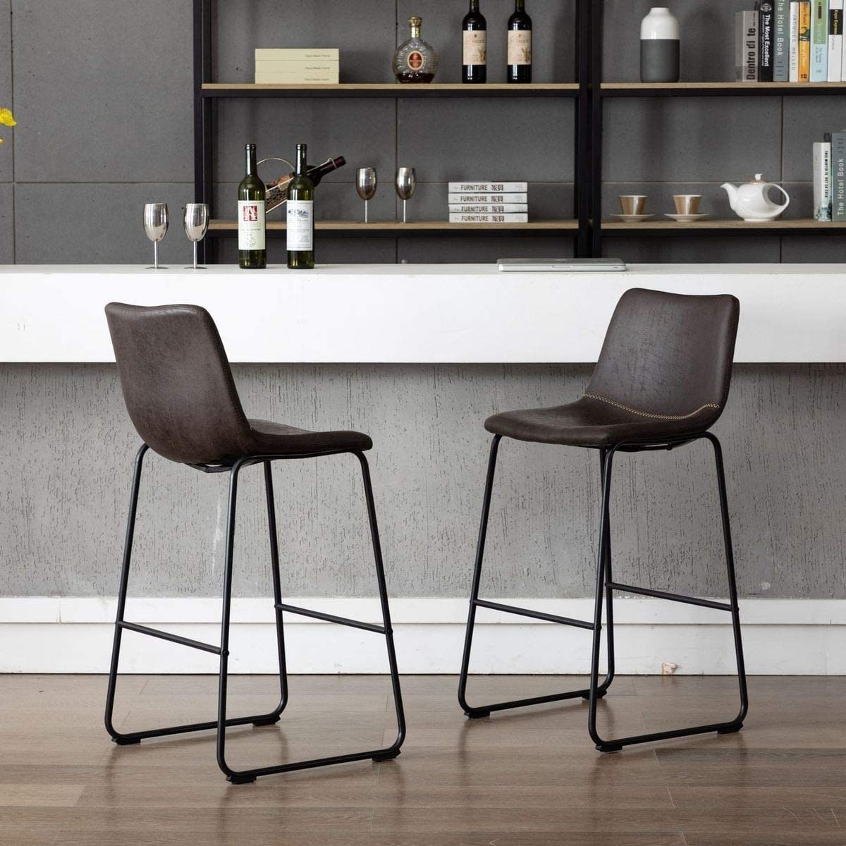 Home Beyond Set Of 2 Pcs Synthetic Leather Upholstered Barstools Armlesss With Metal Frame Uc 13Hb