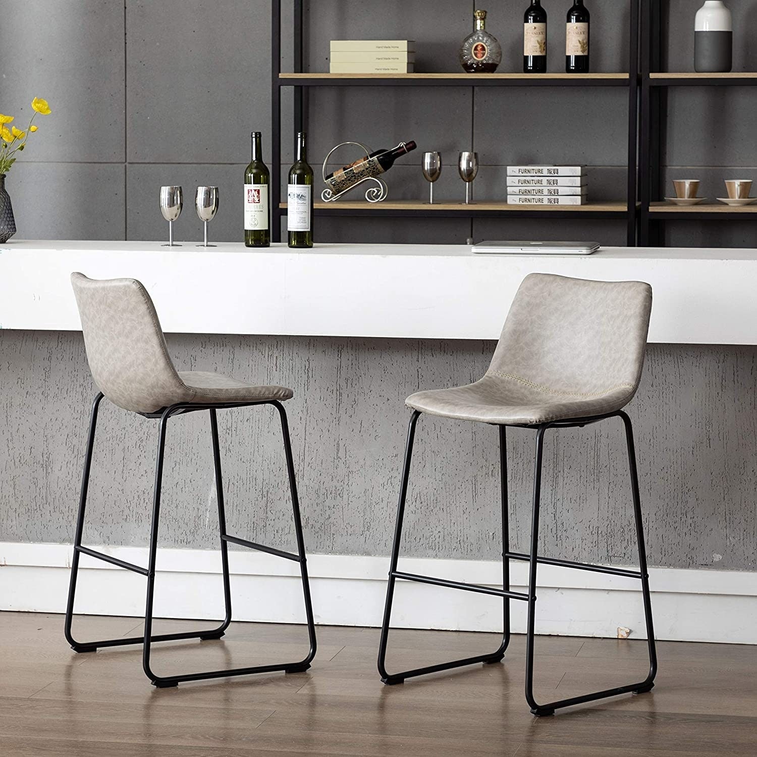 Home Beyond Set Of 2 Pcs Synthetic Leather Upholstered Barstools Armlesss With Metal Frame Uc 13Hg