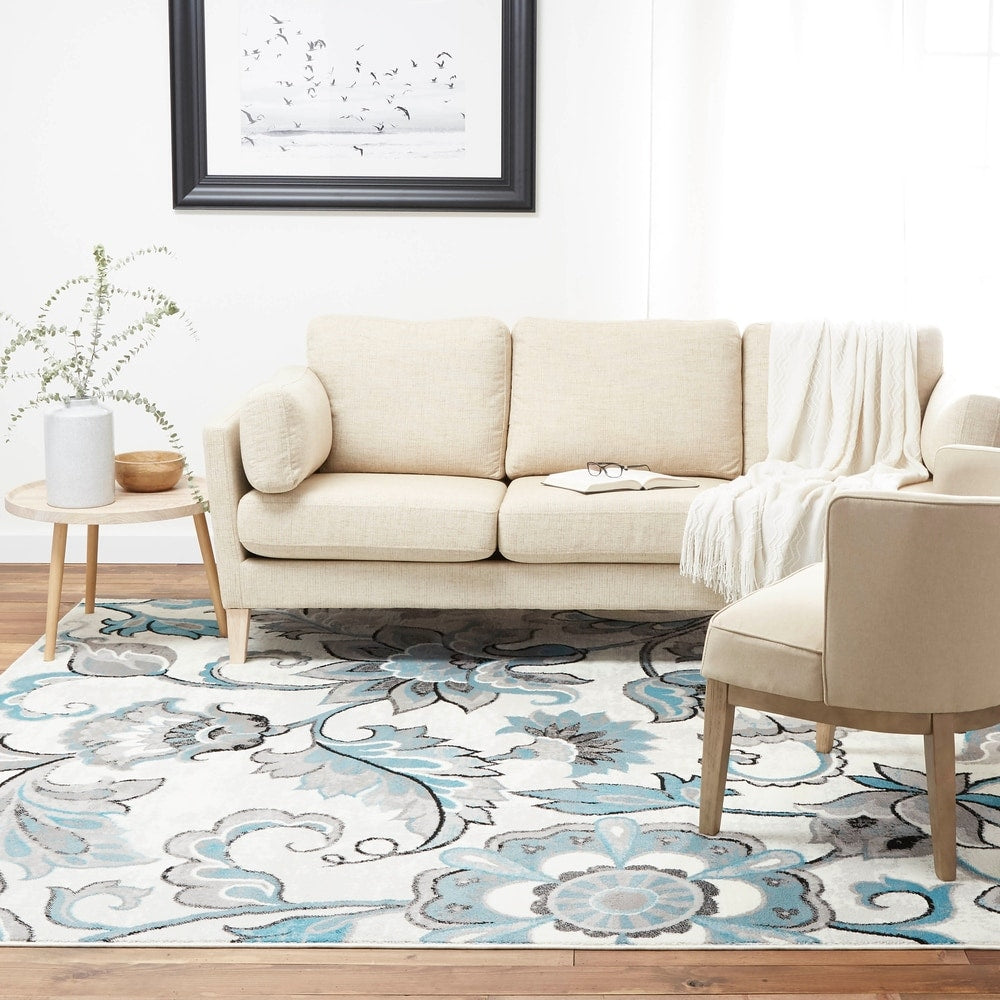 Home Dynamix Boho Distressed Floral Ivory Blue Area Rug 79 X 102