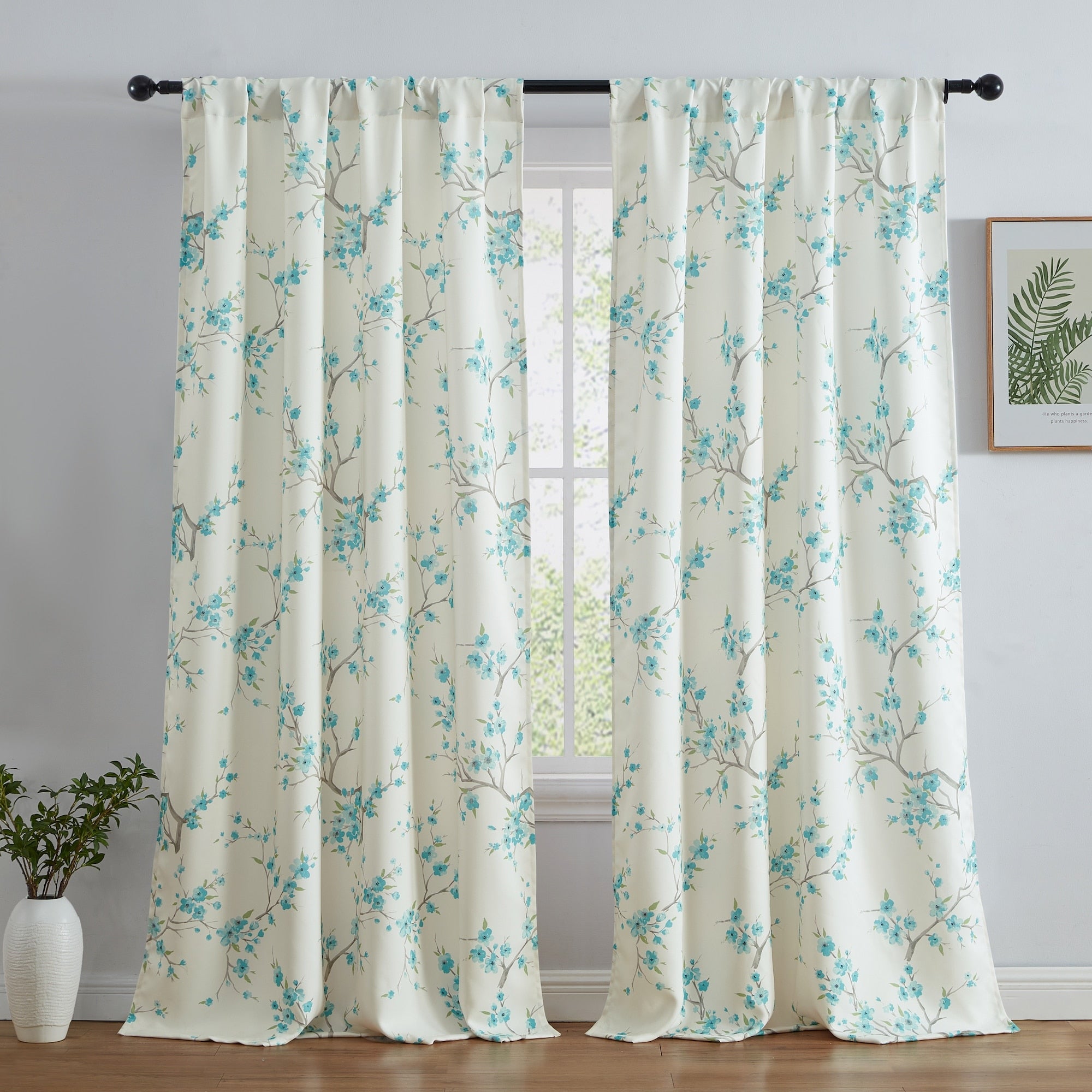 Jasmine Floral Faux Silk 100 Blackout Room Darkening Thermal Insulated Energy Efficient Curtain Grommet Panels Pair