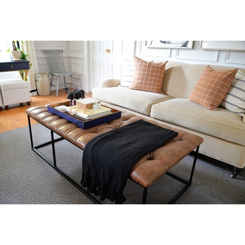 Homepop Draper 58 Large Ottoman With Button Tufting Light Brown Faux Leather