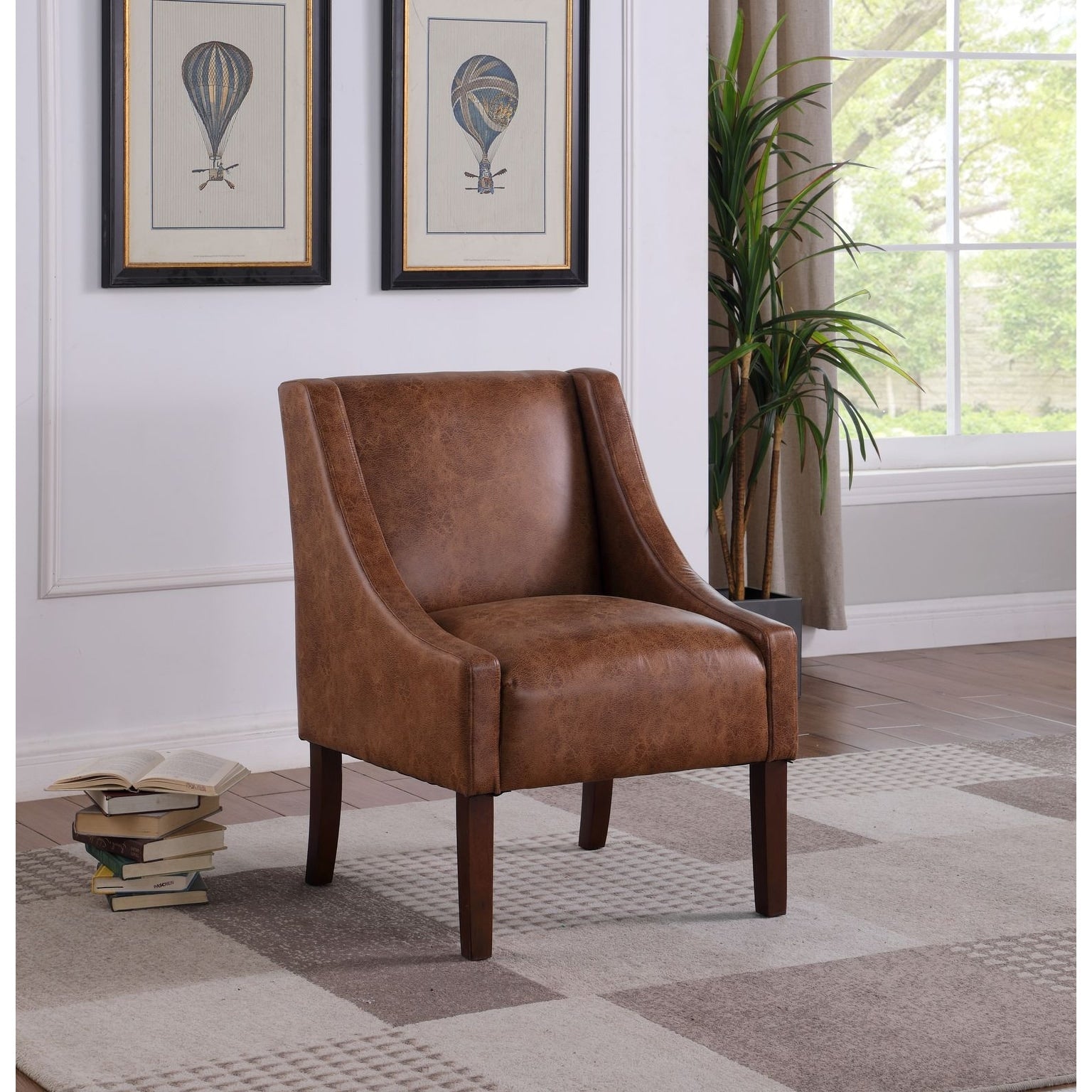 Homepop Modern Swoop Arm Accent Chair Distressed Brown Faux Leather
