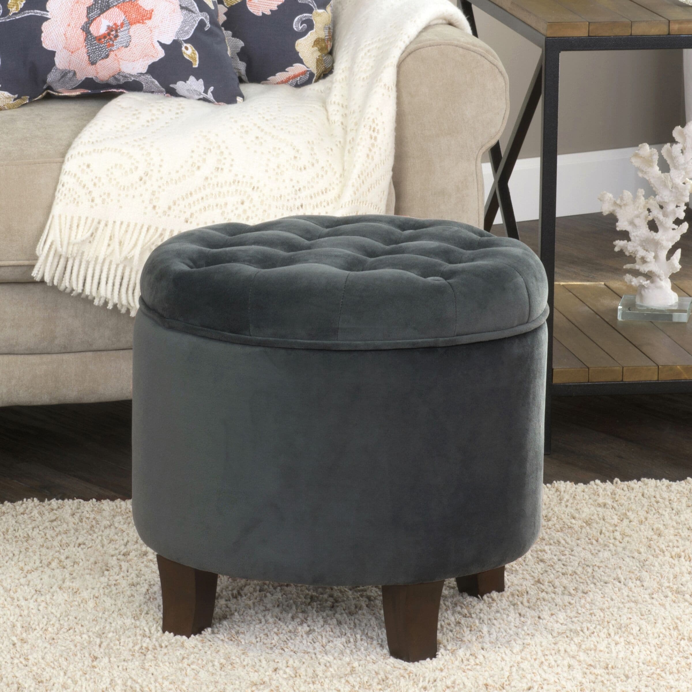 Homepop Velvet Round Storage Ottoman Gunmetal