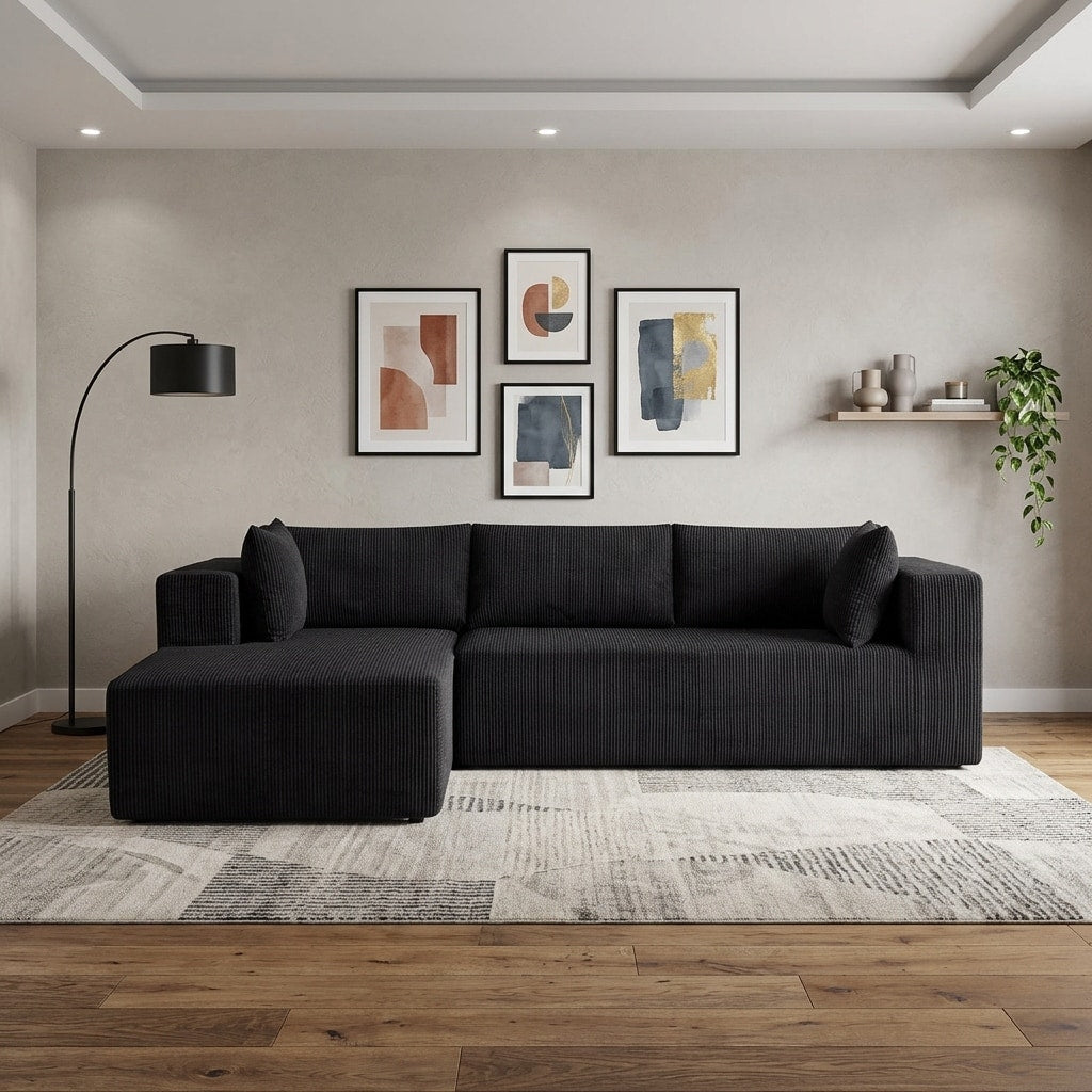 Homeroots 105 Black Corduroy Modular Left Chaise Style Sofa With Toss Pillows