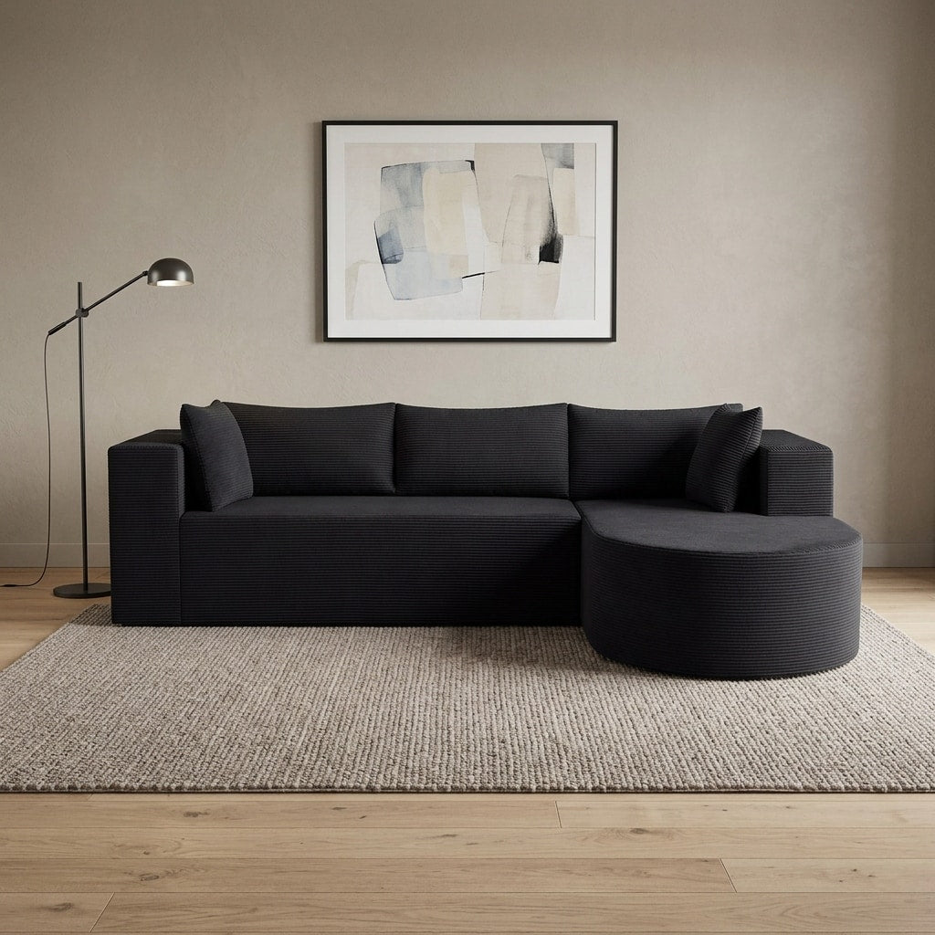 Homeroots 105 Black Corduroy Modular Right Rounded Chaise Style Sofa With Toss Pillows