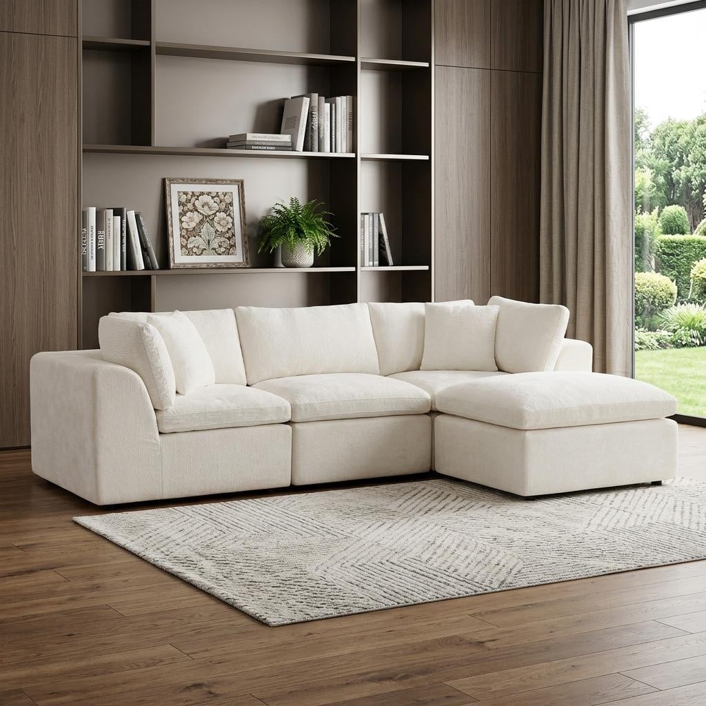 Homeroots 108 Beige Chenille Modular Sofa With Ottoman And Toss Pillows