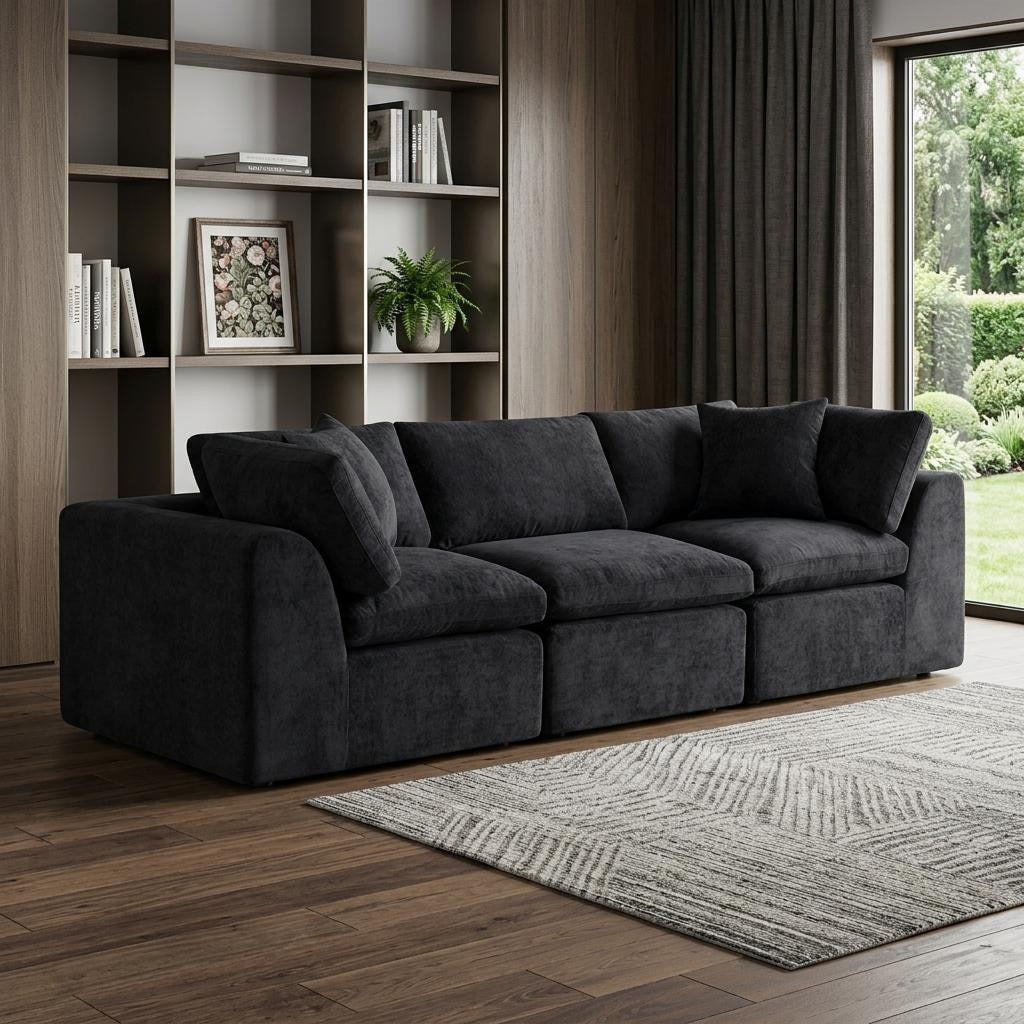 Homeroots 108 Black Chenille Modular Sofa With Toss Pillows