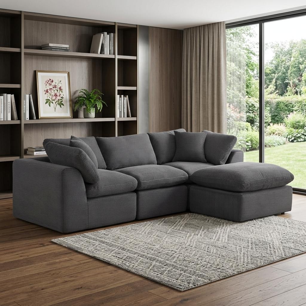 Homeroots 108 Dark Gray Corduroy Modular Sofa With Ottoman And Toss Pillows