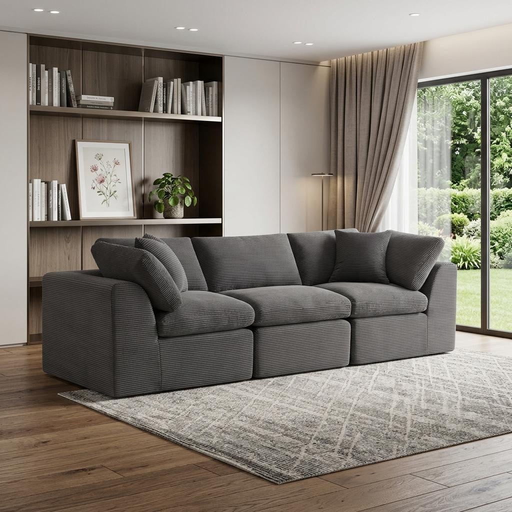 Homeroots 108 Dark Gray Corduroy Modular Sofa With Toss Pillows