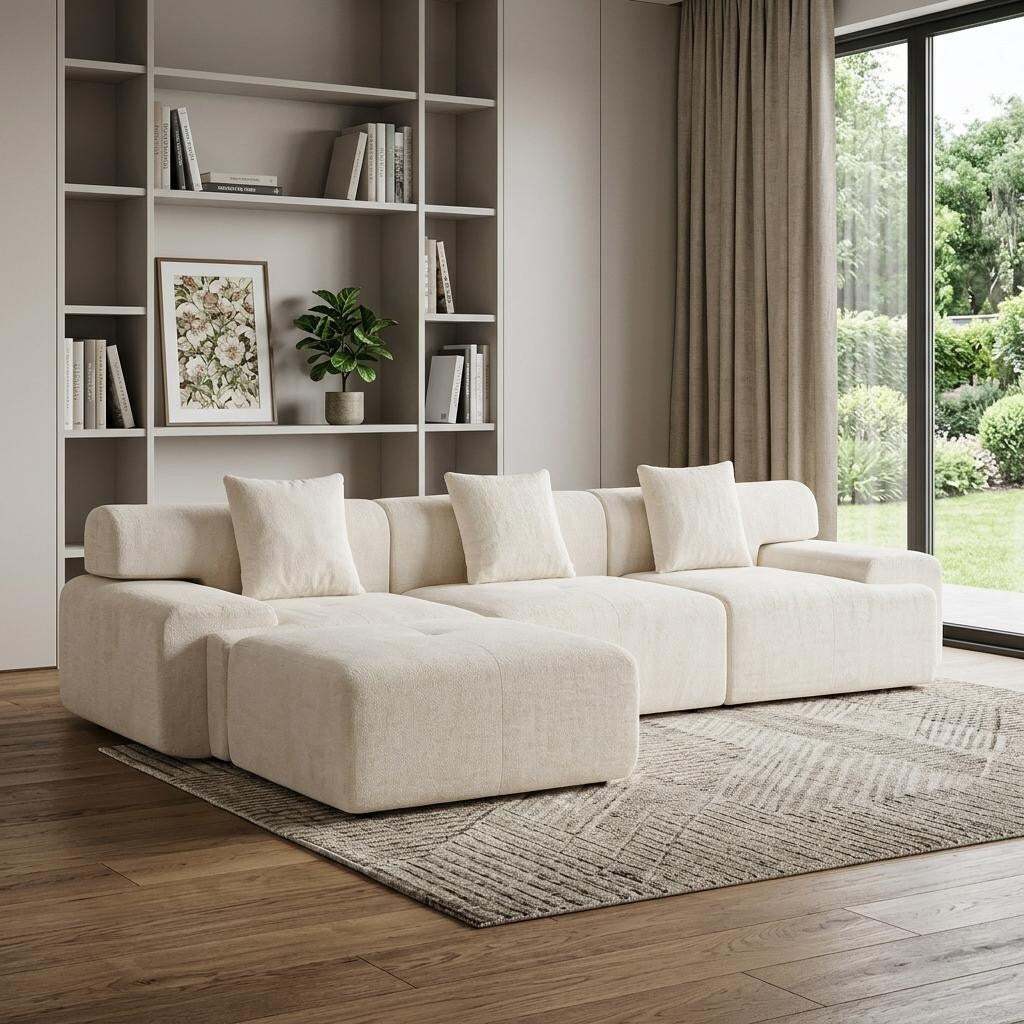 Homeroots 118 Beige Chenille Modular Sofa With Ottoman And Toss Pillows