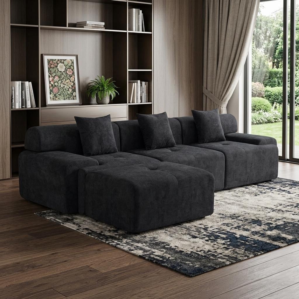 Homeroots 118 Black Chenille Modular Sofa With Ottoman And Toss Pillows