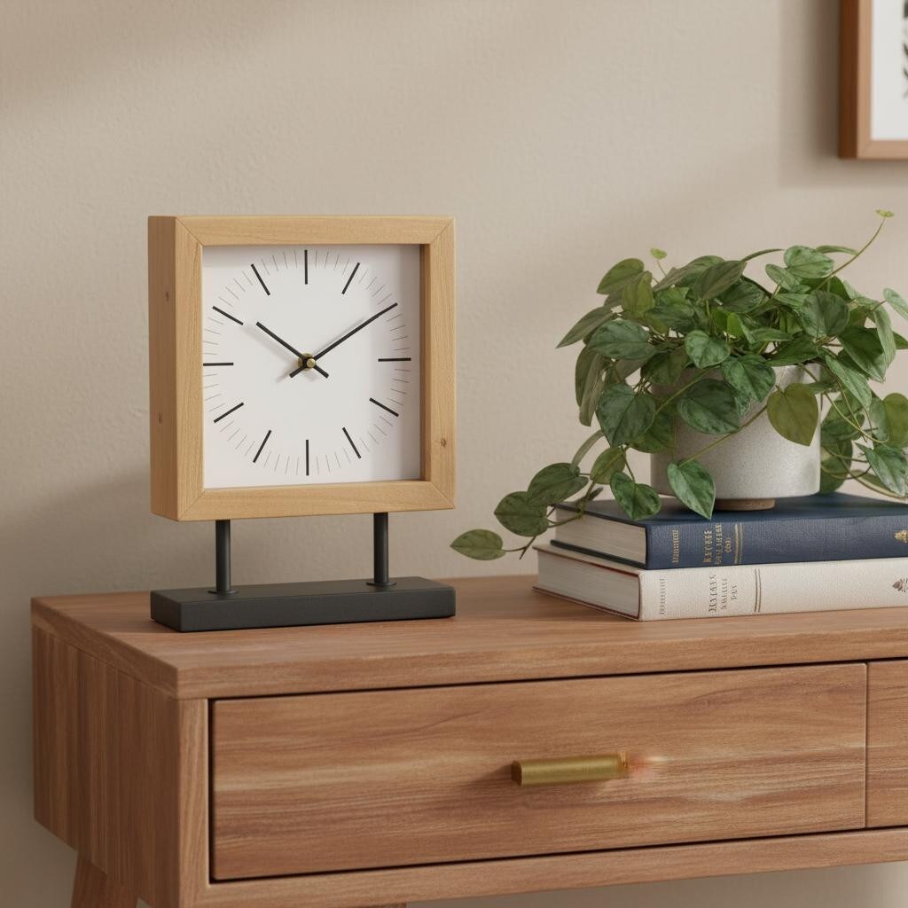 Homeroots 11 Natural And Black Solid Wood And Metal Square Table Clock 8.07 In. X 11.02 In. X 2.76 In.