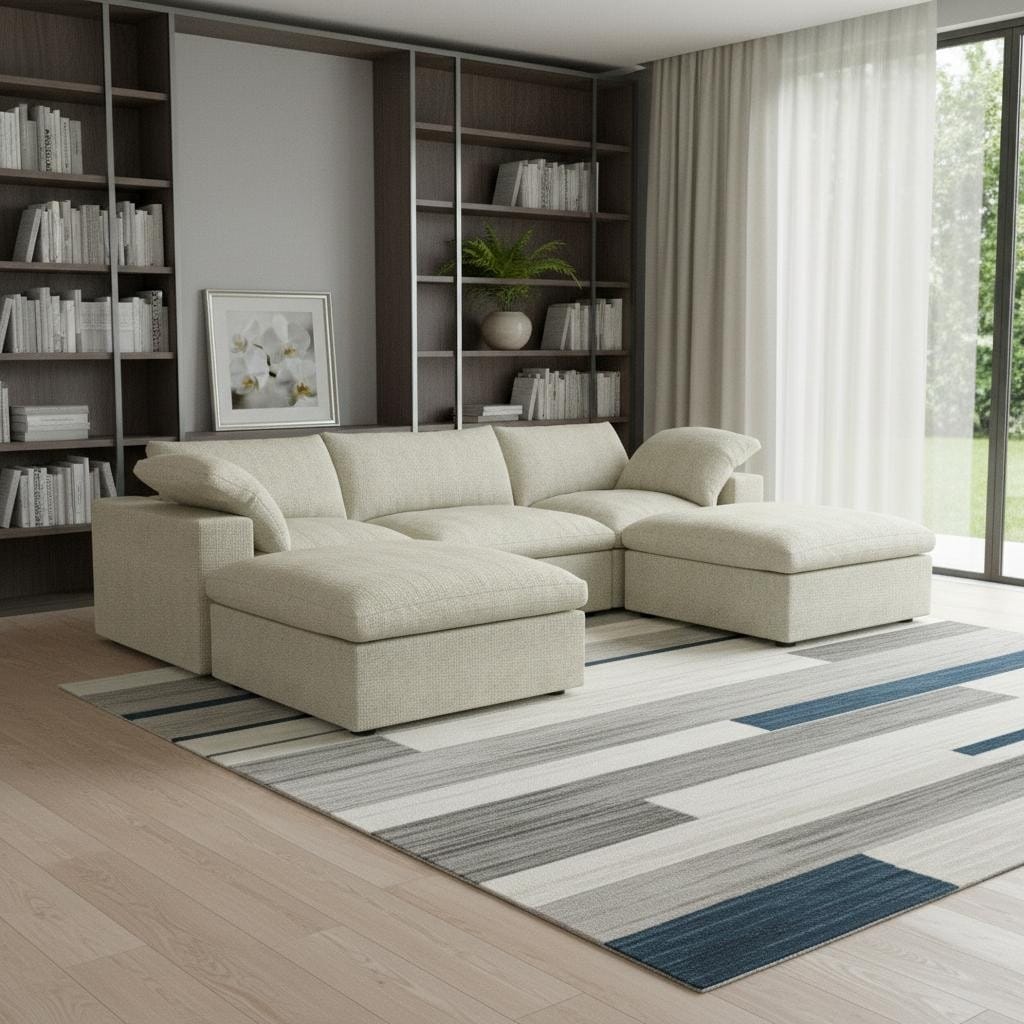 Homeroots 120 Beige Linen Blend Modular Sofa With Ottoman And Toss Pillows And Storage
