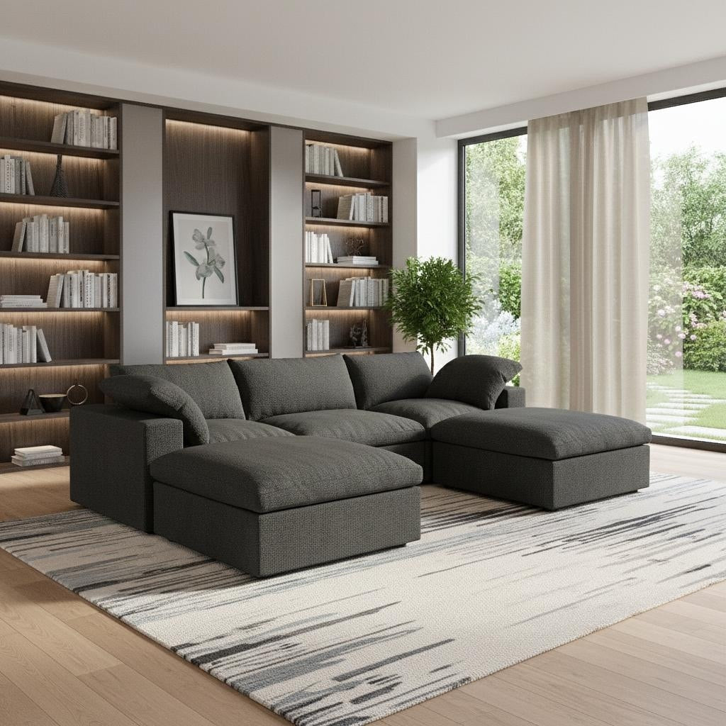 Homeroots 120 Black Linen Blend Modular Sofa With Ottomans Toss Pillows And Storage