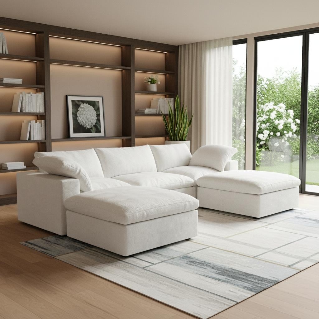Homeroots 120 White Linen Blend Modular Universal Sofa With Ottoman And Storage