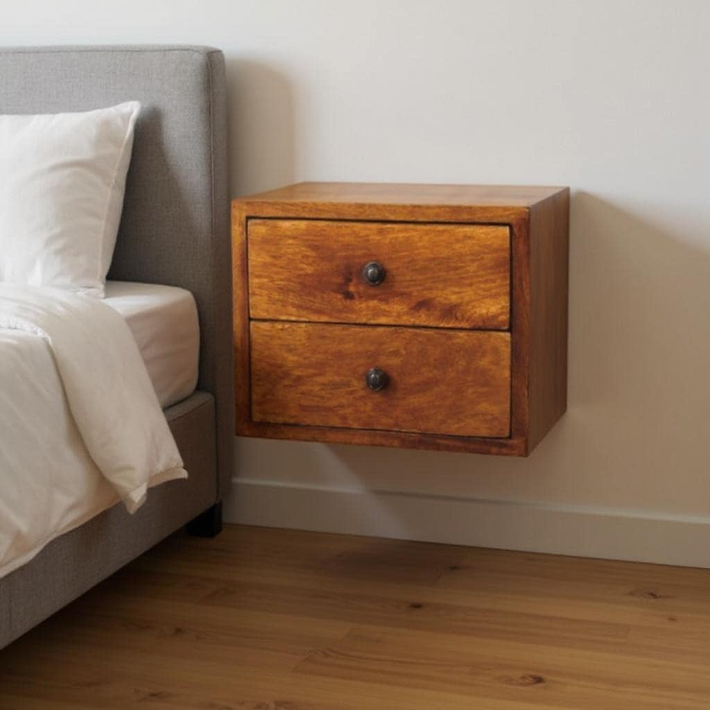 Homeroots 12 Chestnut Solid Wood Two Drawer Floating Nightstand