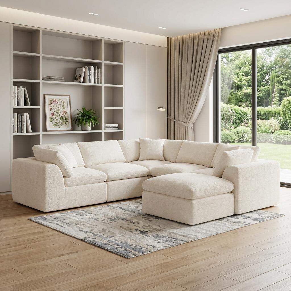 Homeroots 138 Beige Chenille Modular Sofa With Ottoman And Toss Pillows