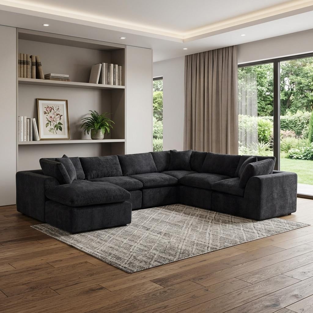 Homeroots 138 Black Chenille Modular Sofa Chaise With Ottoman And Toss Pillows