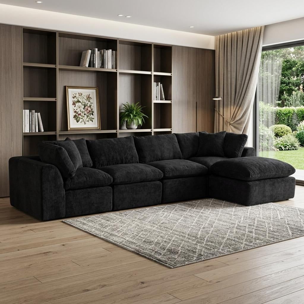 Homeroots 138 Black Chenille Modular Sofa With Ottoman And Toss Pillows
